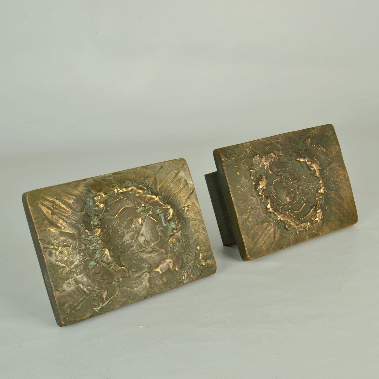 European Architectural Pair of Push Pull Relief Door Handles in Bronze with Keyhole
