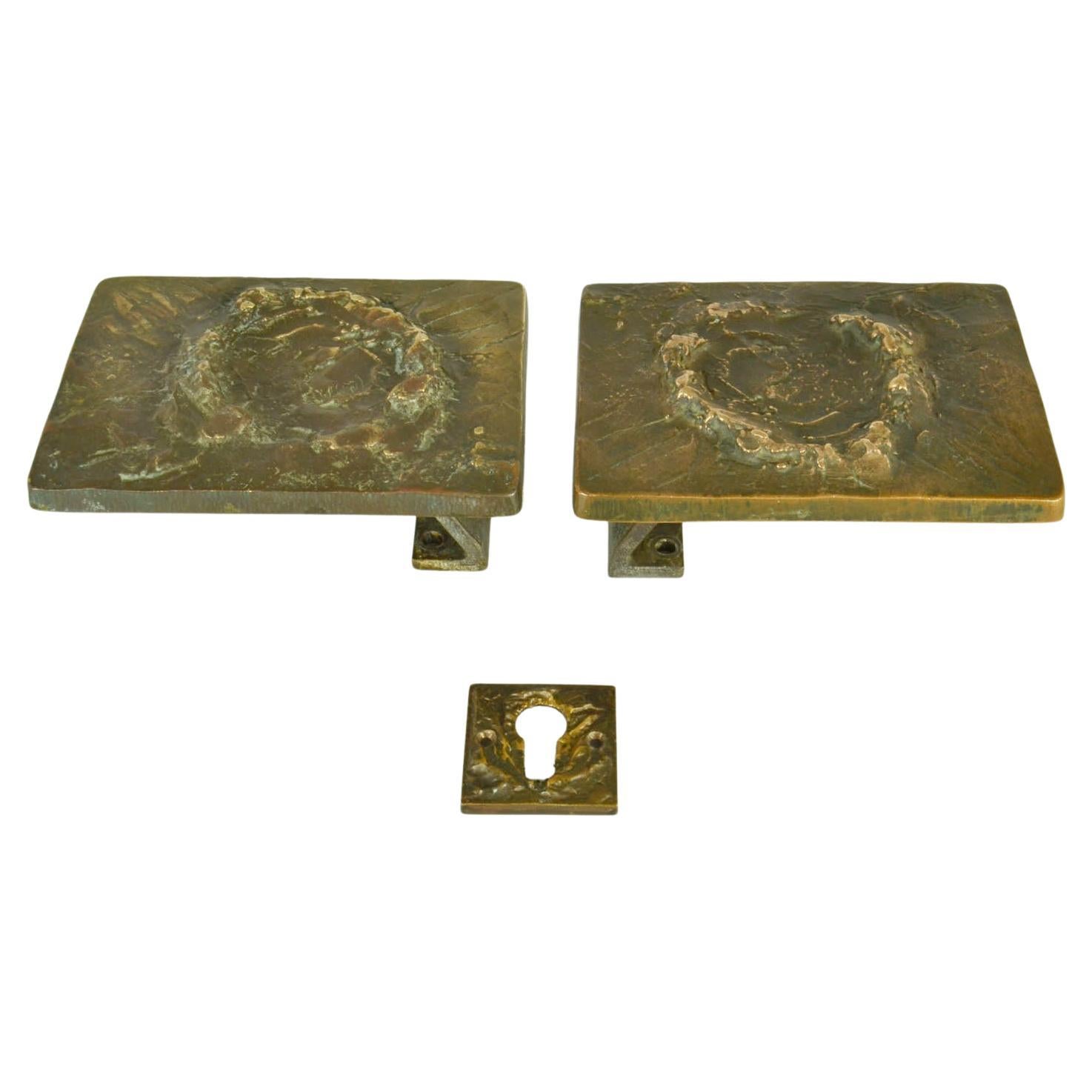 Architectural Pair of Push Pull Relief Door Handles in Bronze with Keyhole