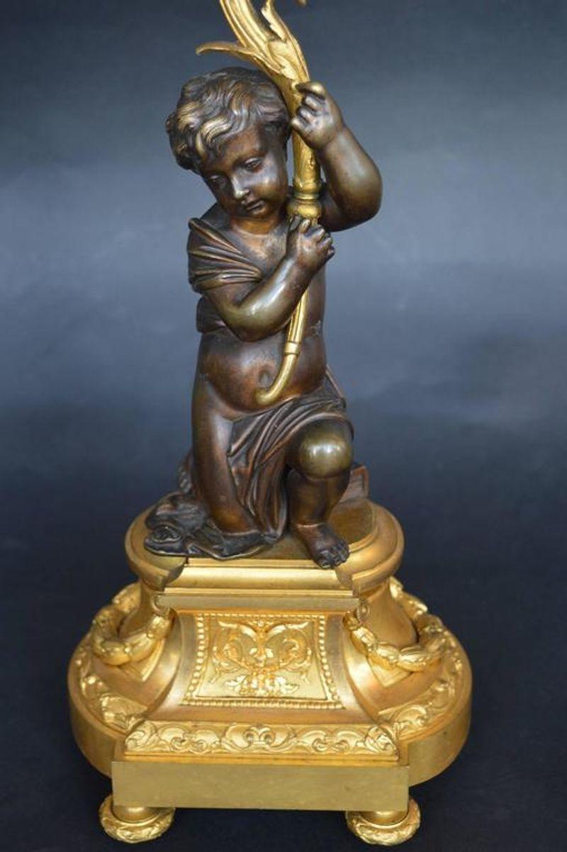 French Pair of Putti Bronze Candelabras For Sale