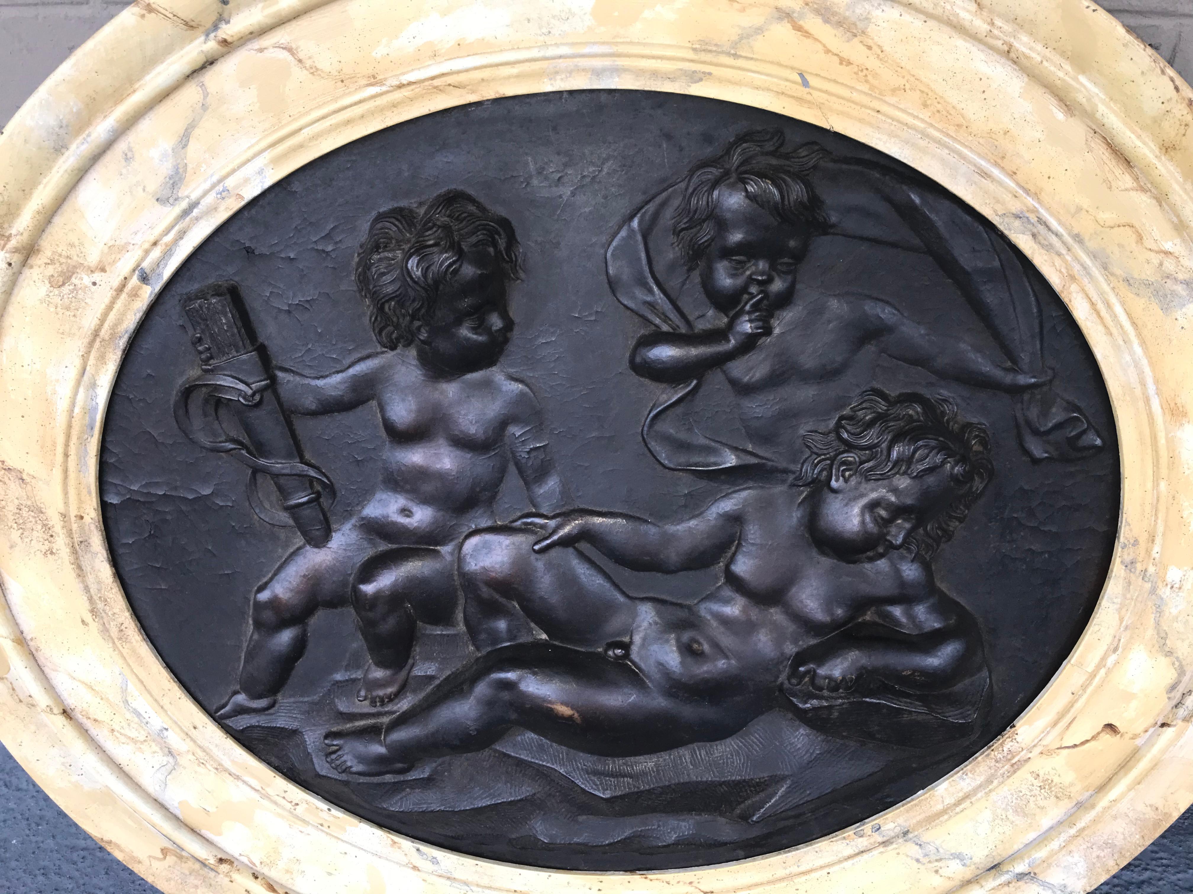 Neoclassical Large Pair of Putti or Cherub Wall Medallions or Plaques