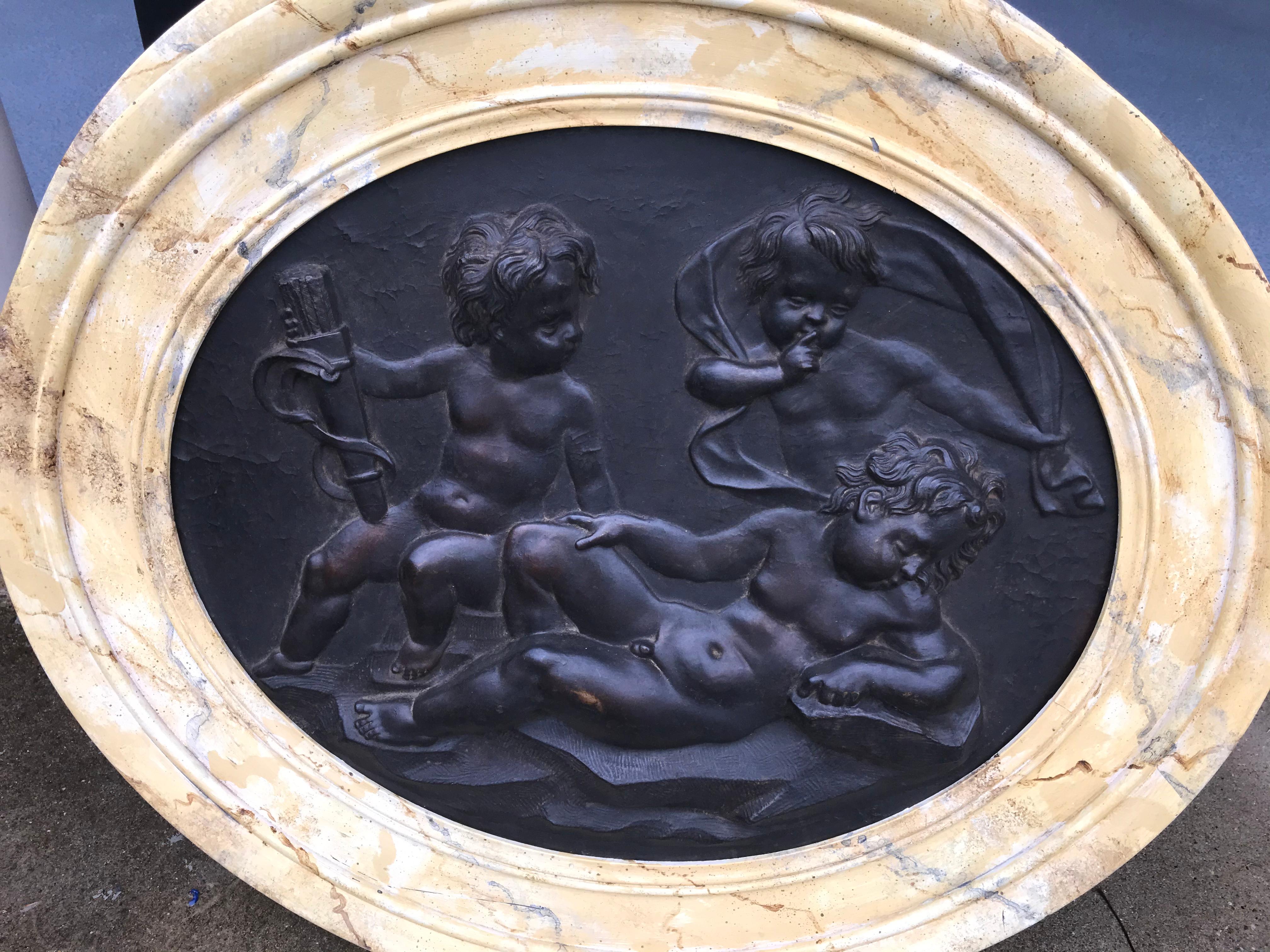 Wood Large Pair of Putti or Cherub Wall Medallions or Plaques