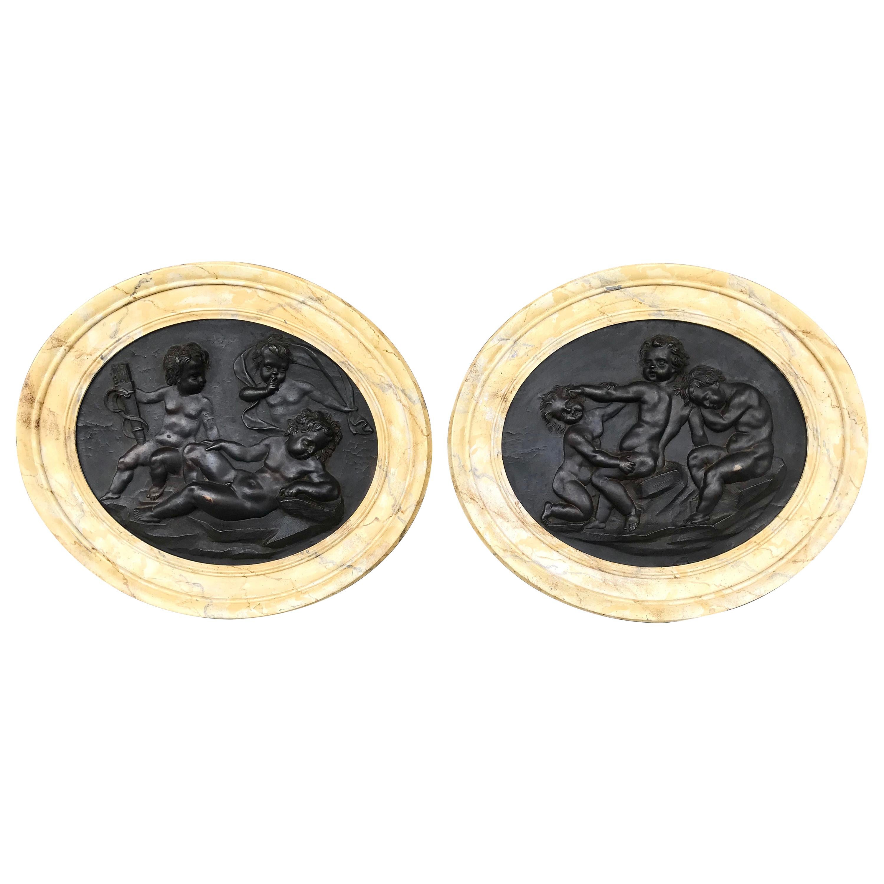 Large Pair of Putti or Cherub Wall Medallions or Plaques
