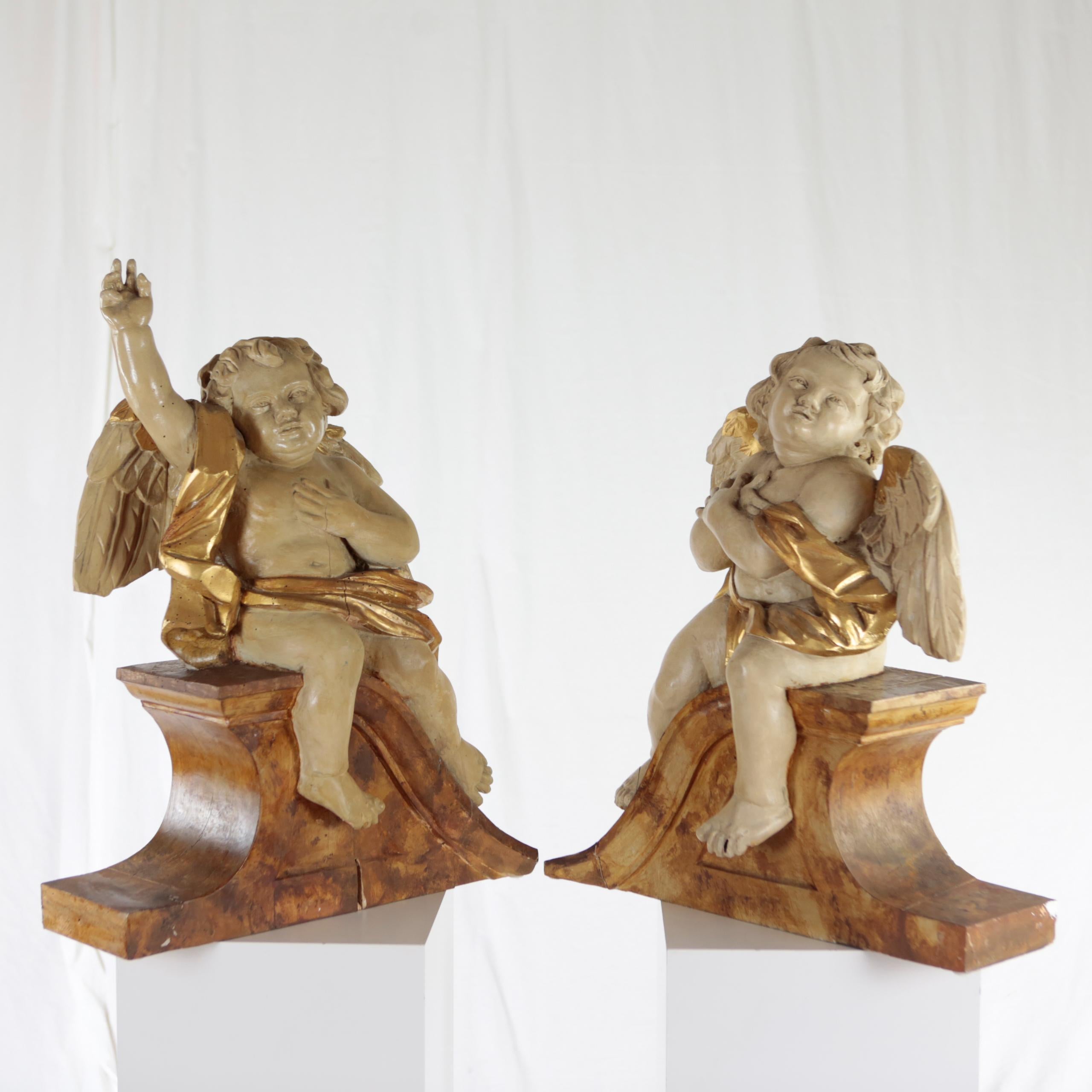Baroque Pair of Putti, Southern Germany, Lime Wood, Carved, Stuccoed and Colored, Patina For Sale