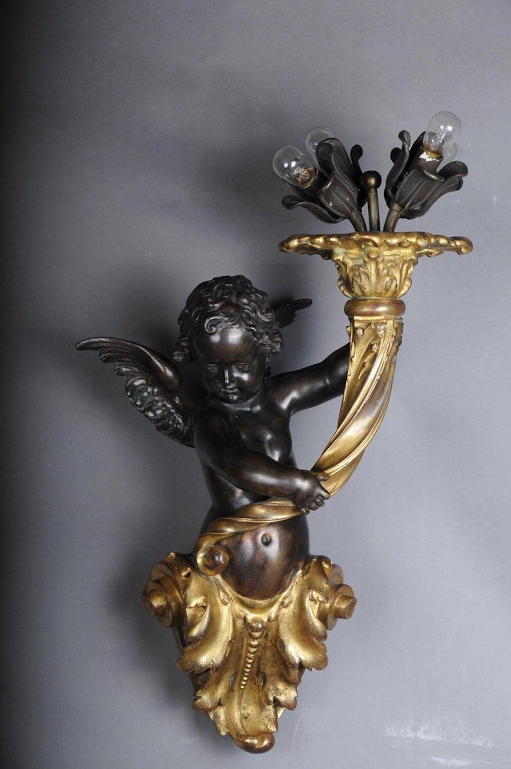 Pair of Putti Wall Appliques or Sconces, Bronze Gilded, Paris, 1870 For Sale 10