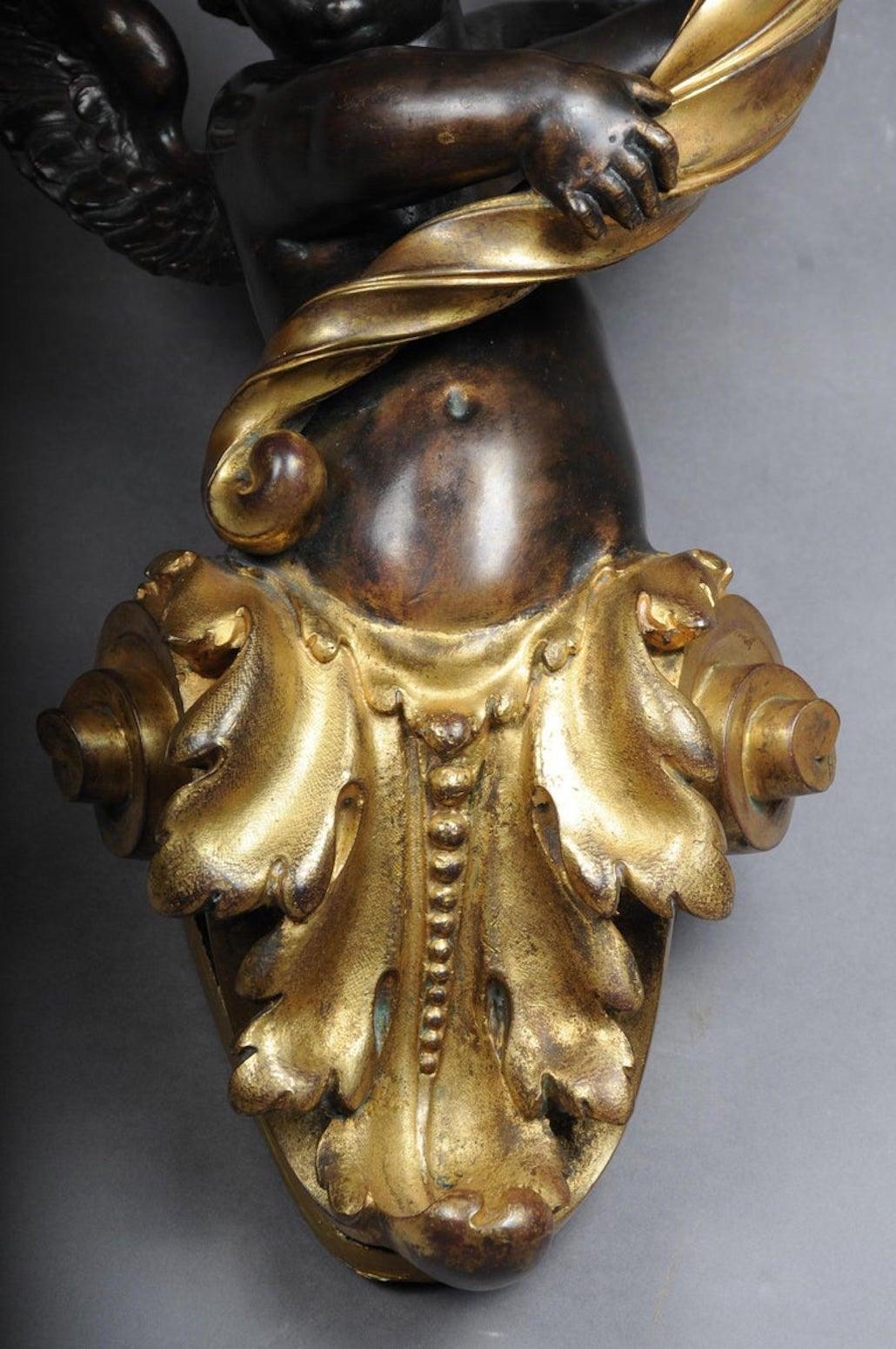 Pair of Putti Wall Appliques or Sconces, Bronze Gilded, Paris, 1870 For Sale 11