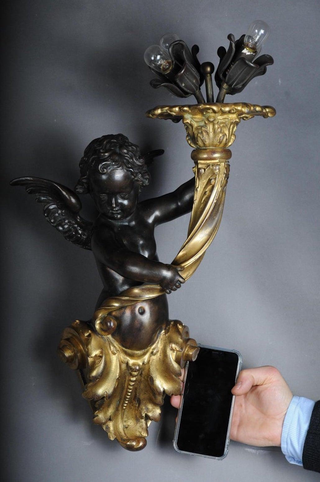 Pair of Putti Wall Appliques or Sconces, Bronze Gilded, Paris, 1870 For Sale 12