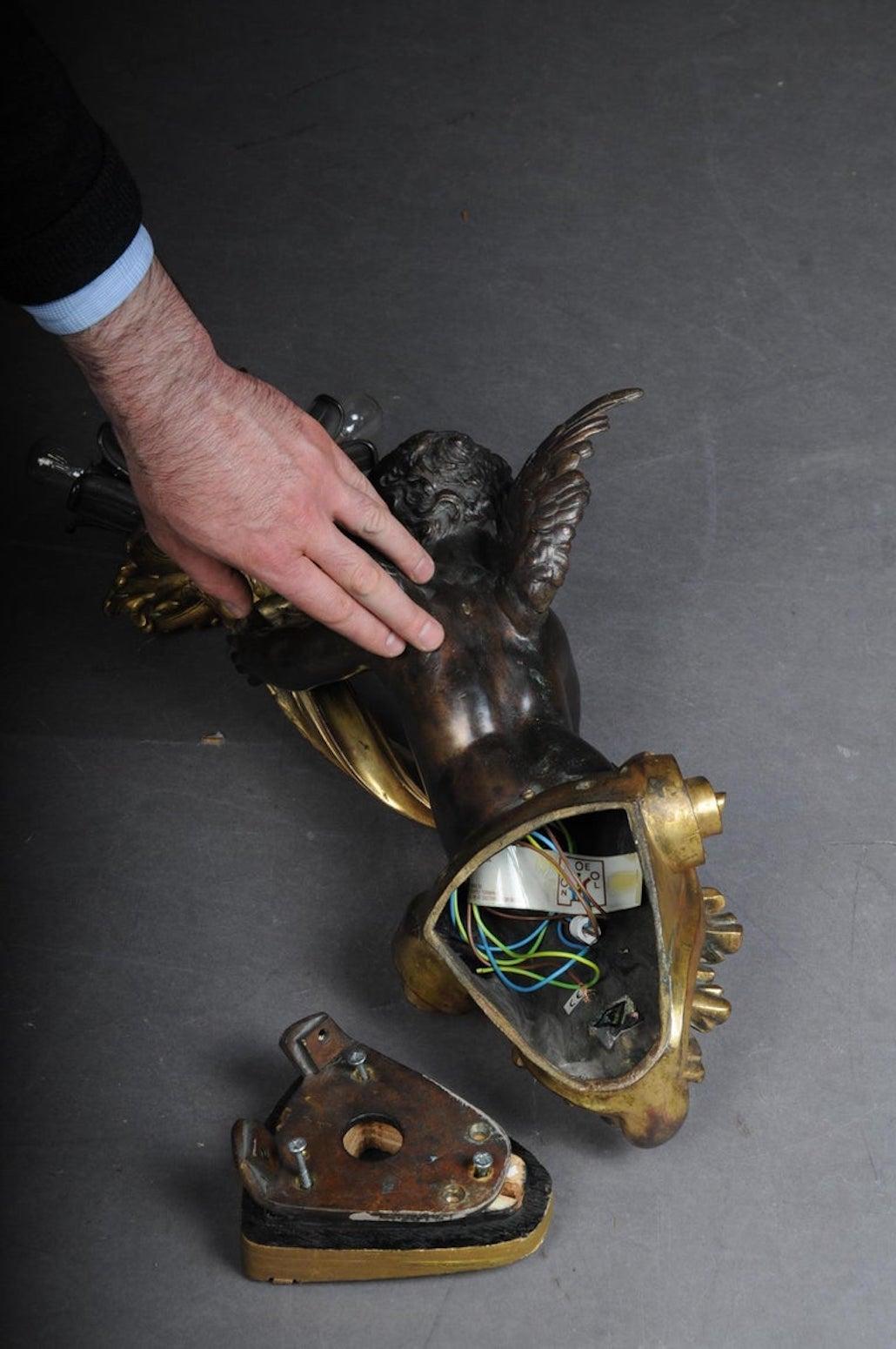 Pair of Putti Wall Appliques or Sconces, Bronze Gilded, Paris, 1870 For Sale 13