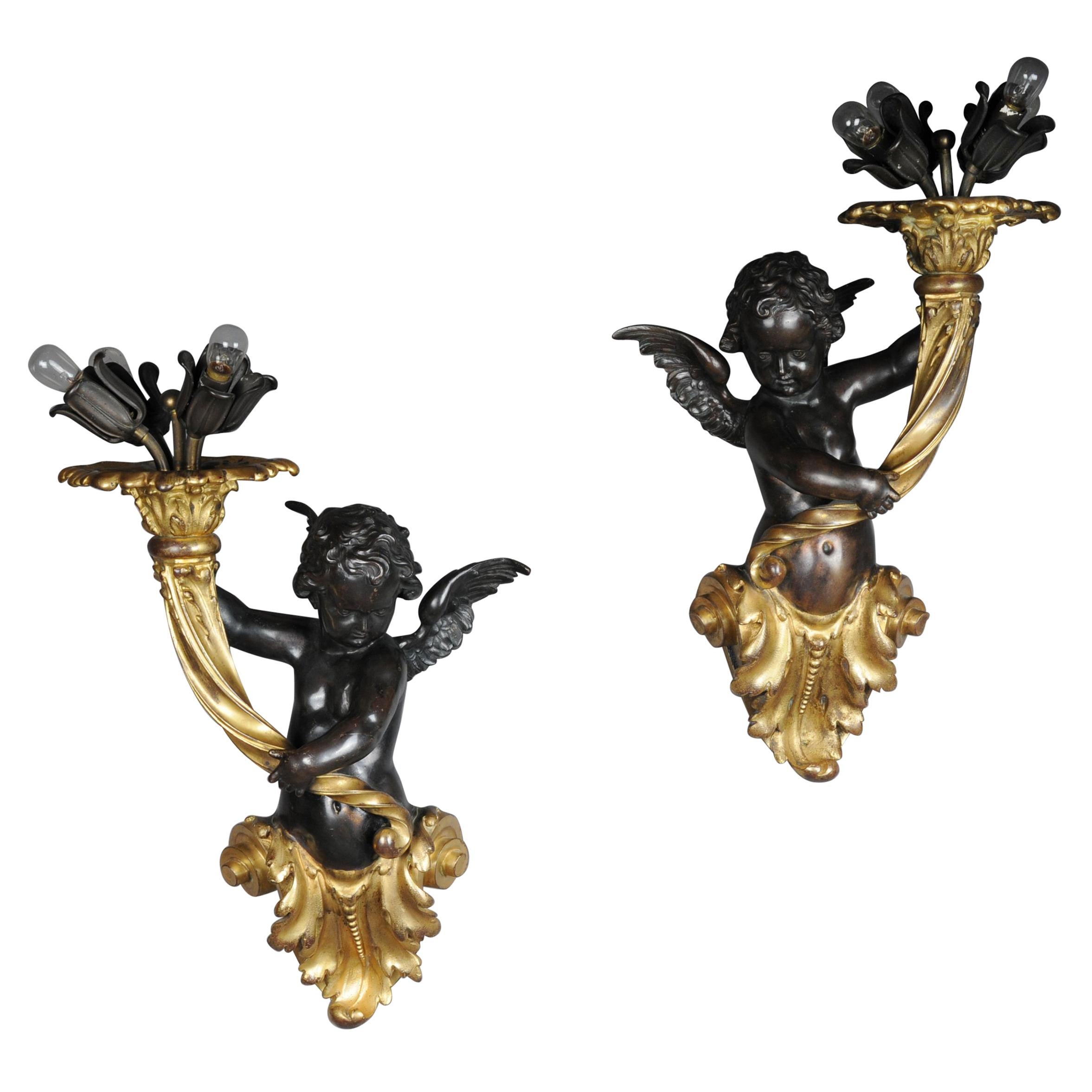 Pair of Putti Wall Appliques or Sconces, Bronze Gilded, Paris, 1870