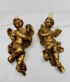 Pair of Putti Wall Appliques or Sconces, Gilded