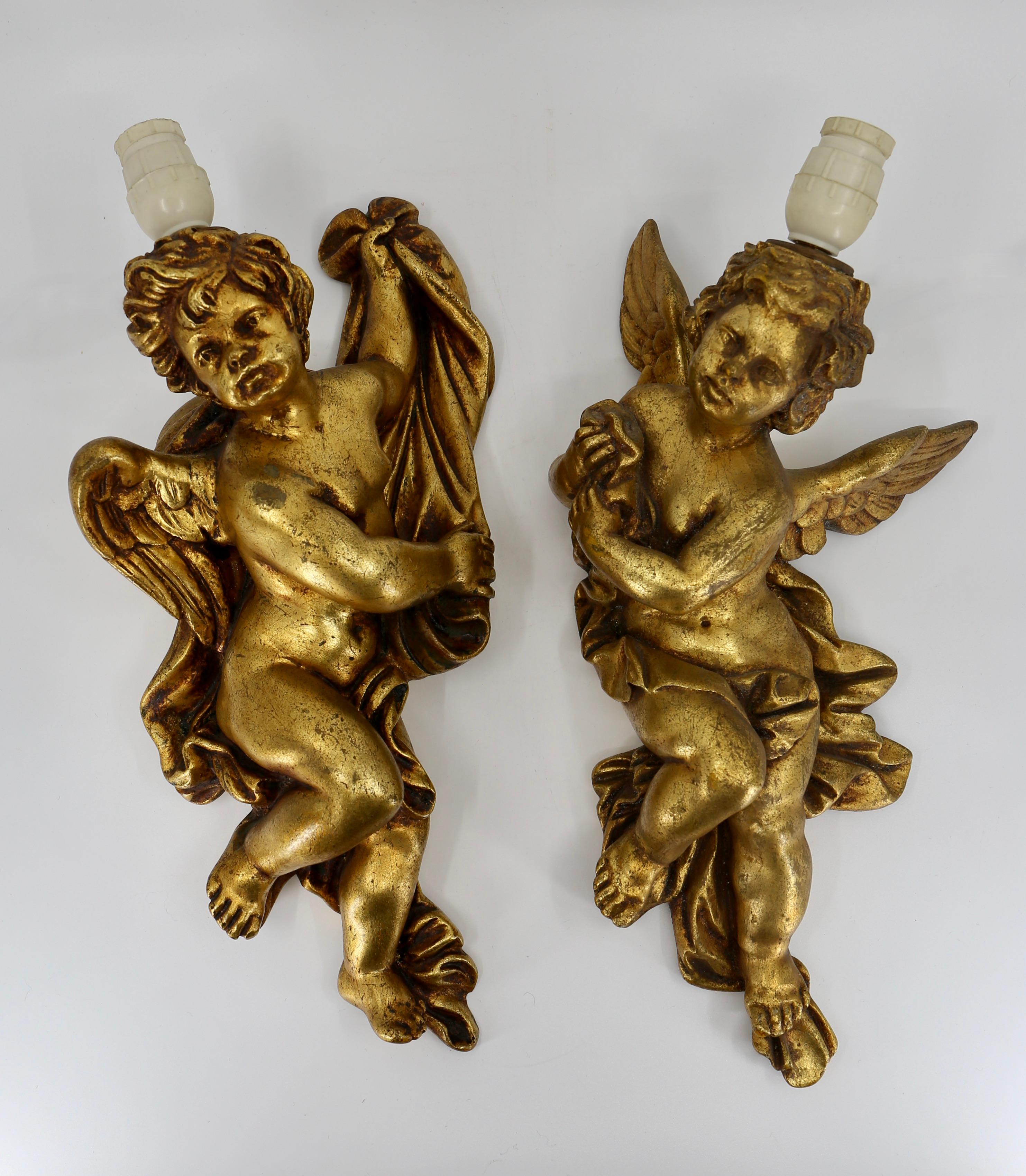 Hollywood Regency Pair of Putti Wall Appliques or Sconces, Gilded For Sale