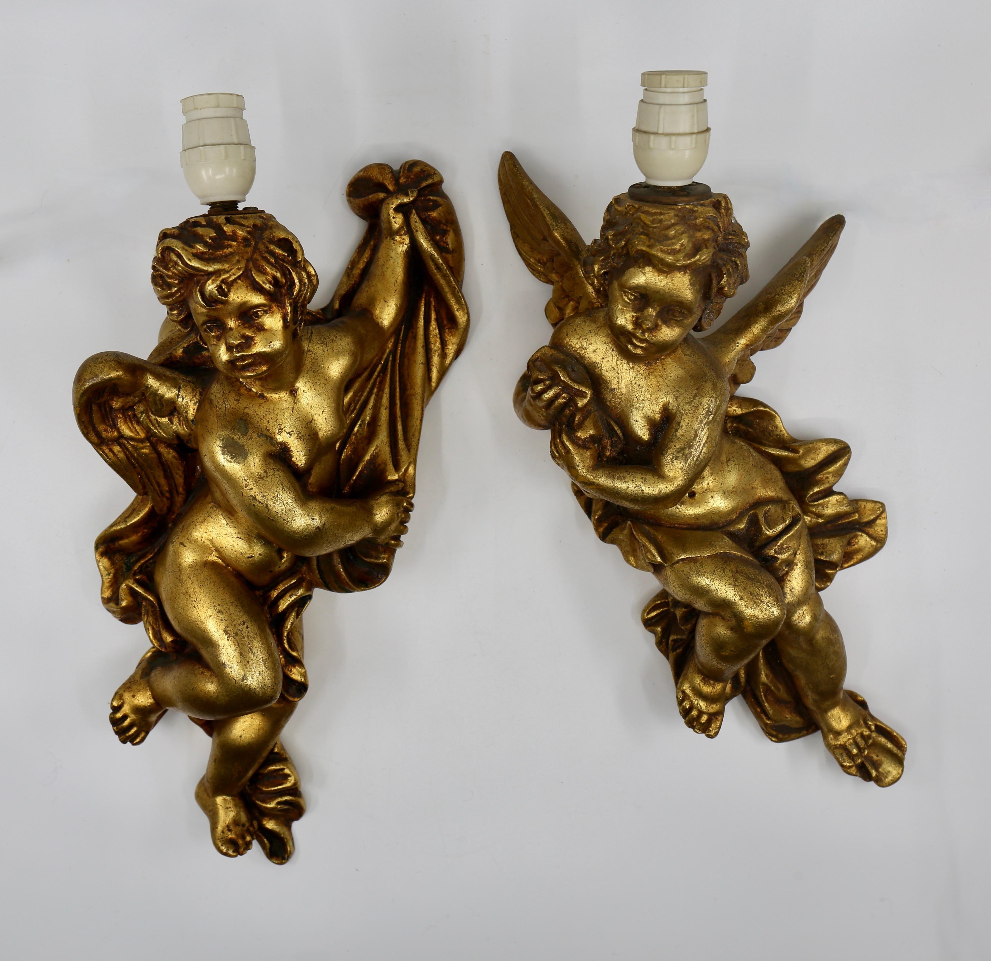 Italian Pair of Putti Wall Appliques or Sconces, Gilded For Sale