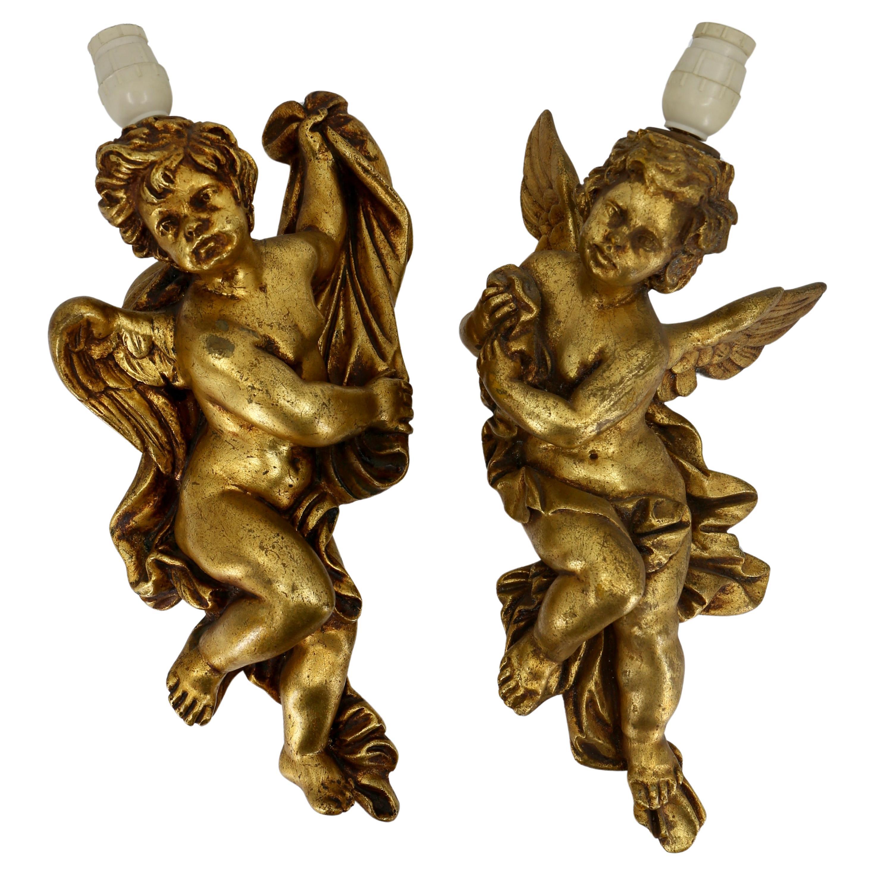 Pair of Putti Wall Appliques or Sconces, Gilded For Sale