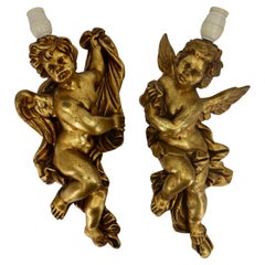Vintage Pair of Putti Wall Appliques or Sconces, Gilded