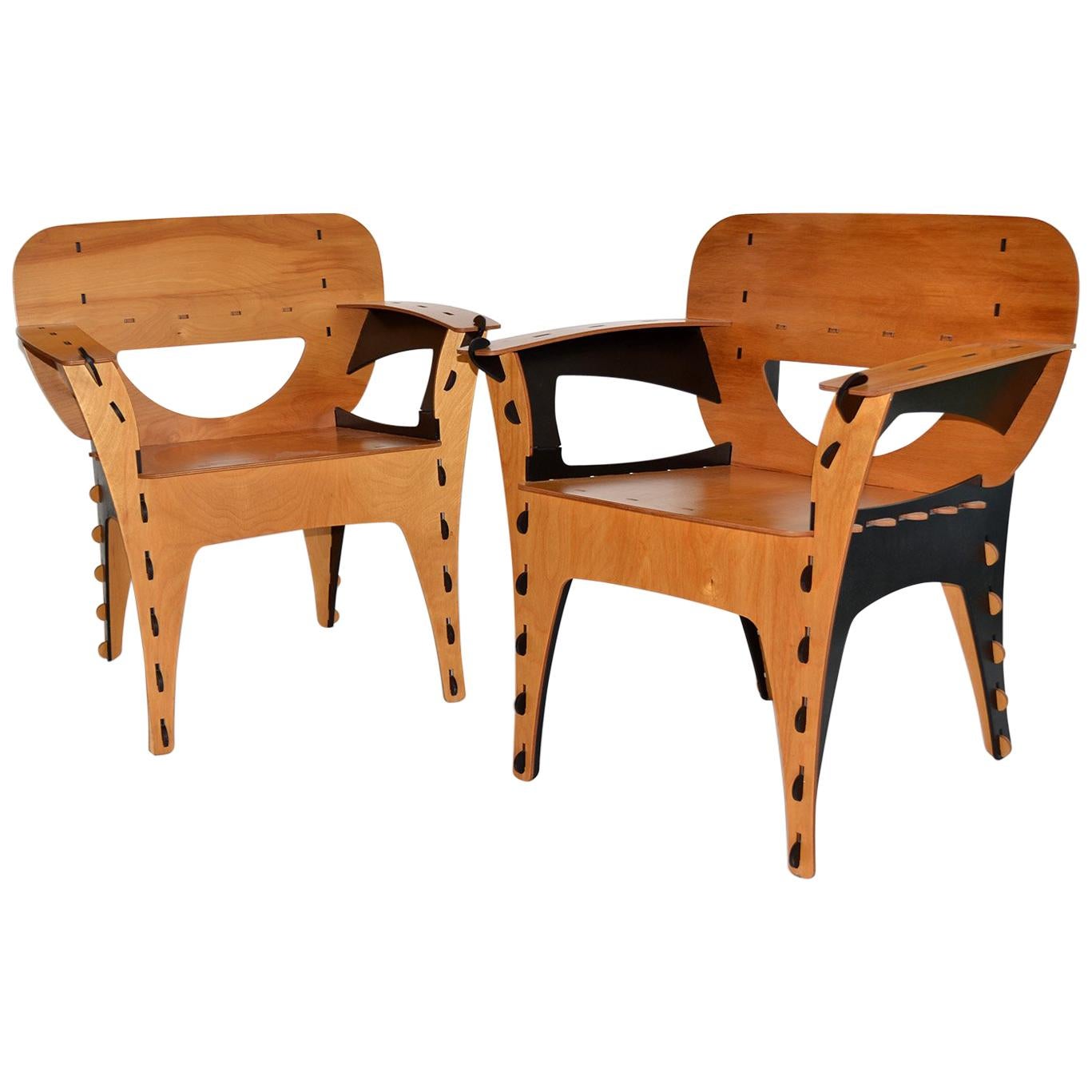 Pair of Plywood Puzzle Chairs by David Kawecki, 1990's