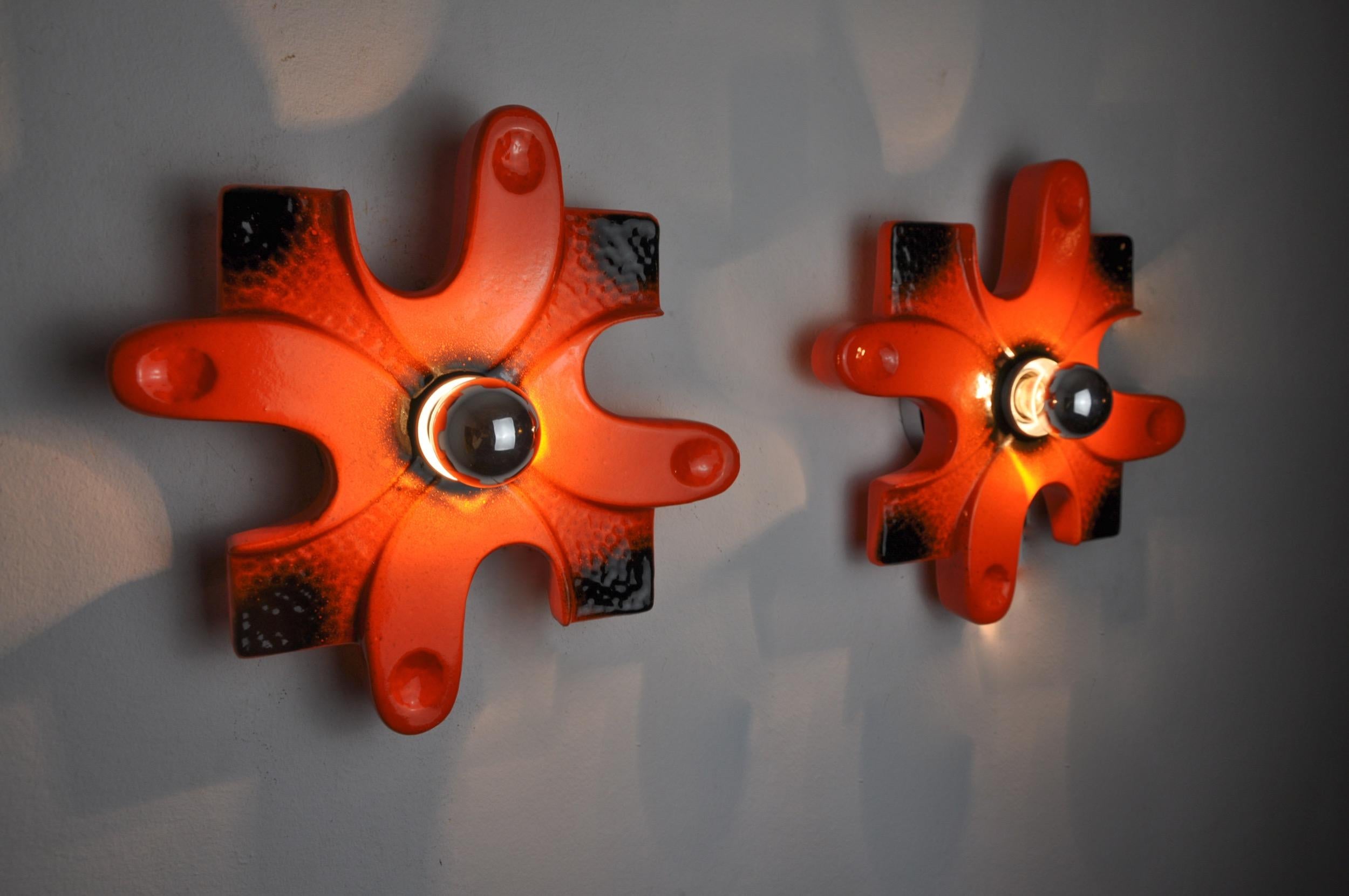 Paar Puzzle-Wandleuchter von hustadt Leuchten aus roter Keramik, Deutschland, 1960 im Angebot 1