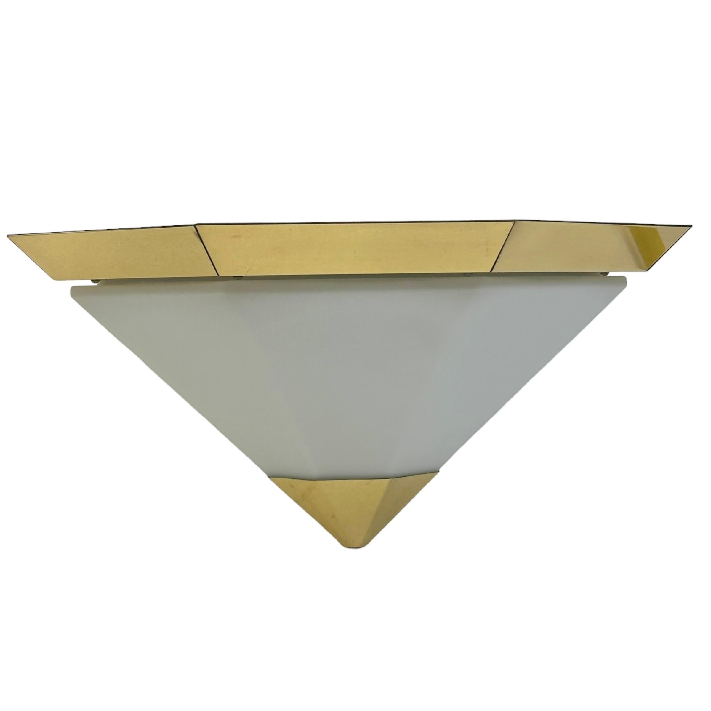 Pair of Pyramid & Opaline Glass and Gold Flush Mount German 1980s Limburg For Sale 4