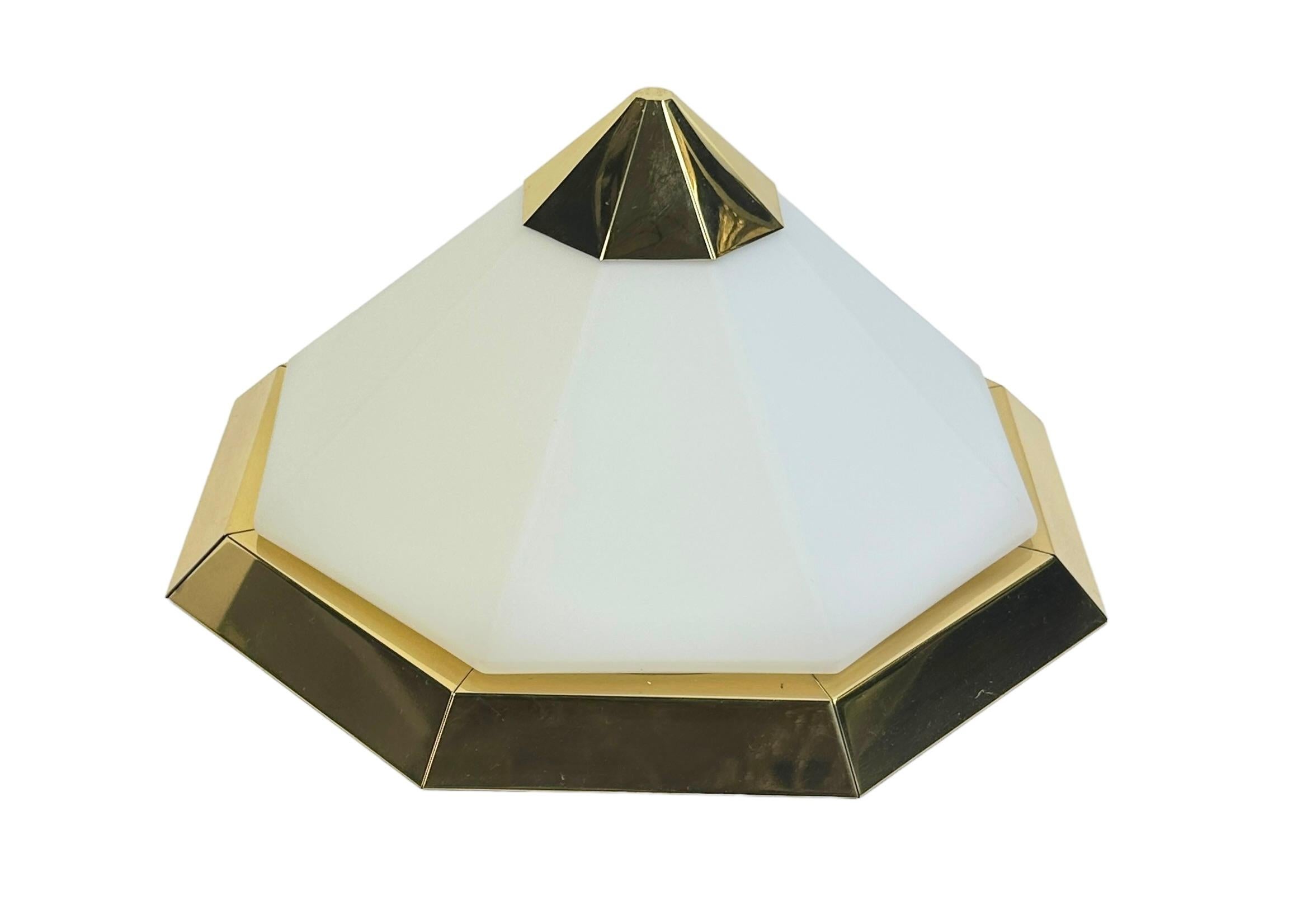 Mid-Century Modern Pair of Pyramid & Opaline Glass and Gold Flush Mount German 1980s Limburg For Sale