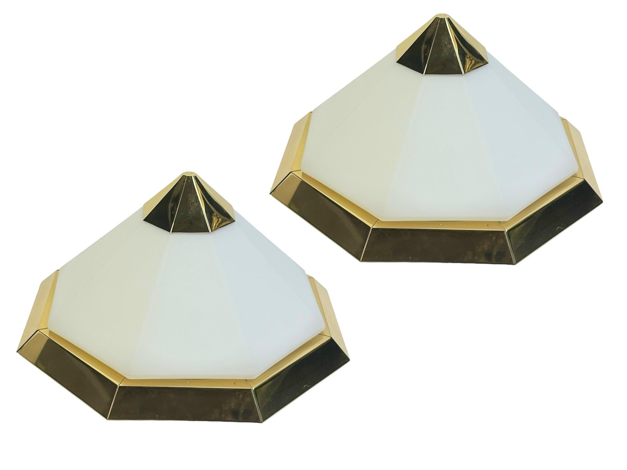 Pair of Pyramid & Opaline Glass and Gold Flush Mount German 1980s Limburg In Good Condition For Sale In Nuernberg, DE