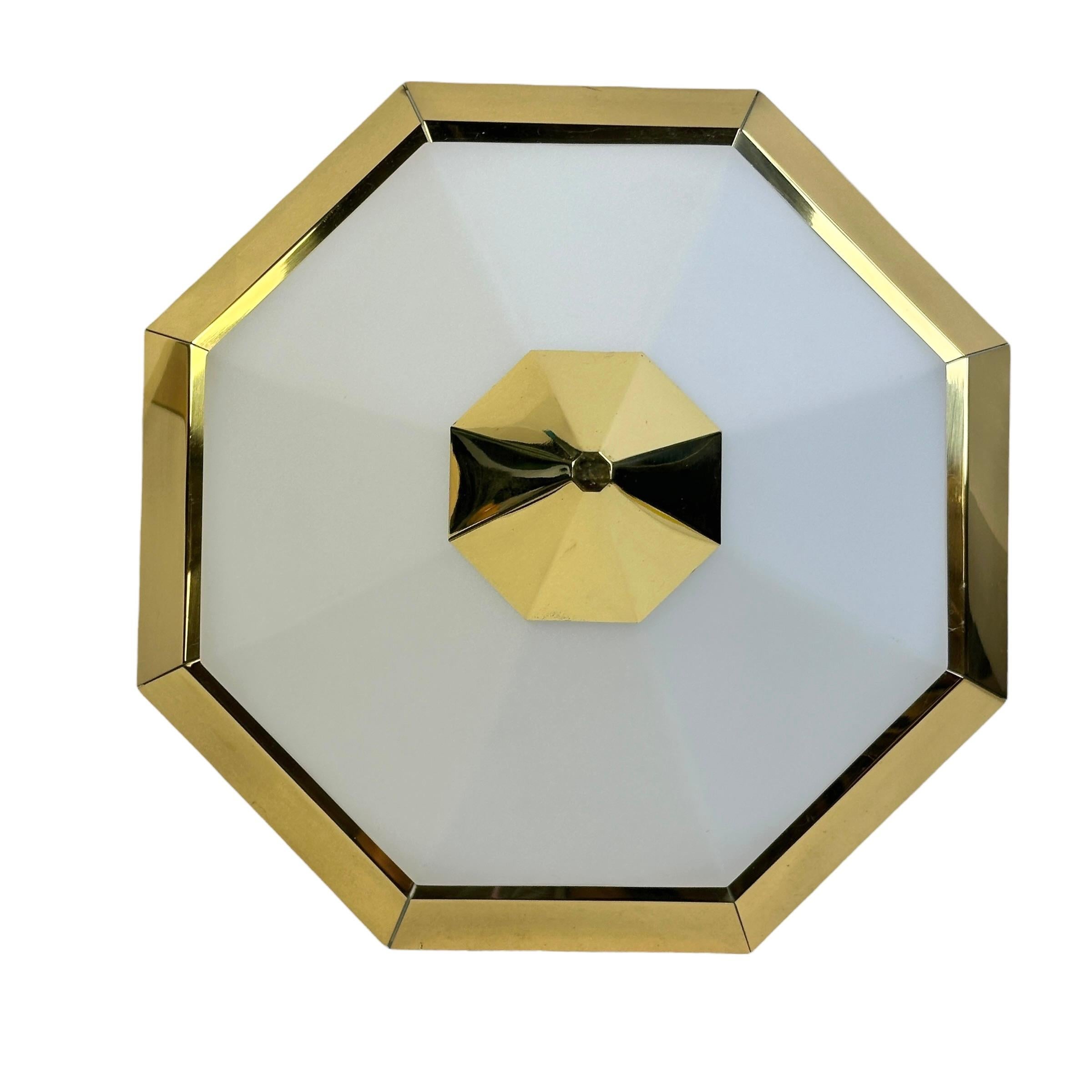 Late 20th Century Pair of Pyramid & Opaline Glass and Gold Flush Mount German 1980s Limburg For Sale