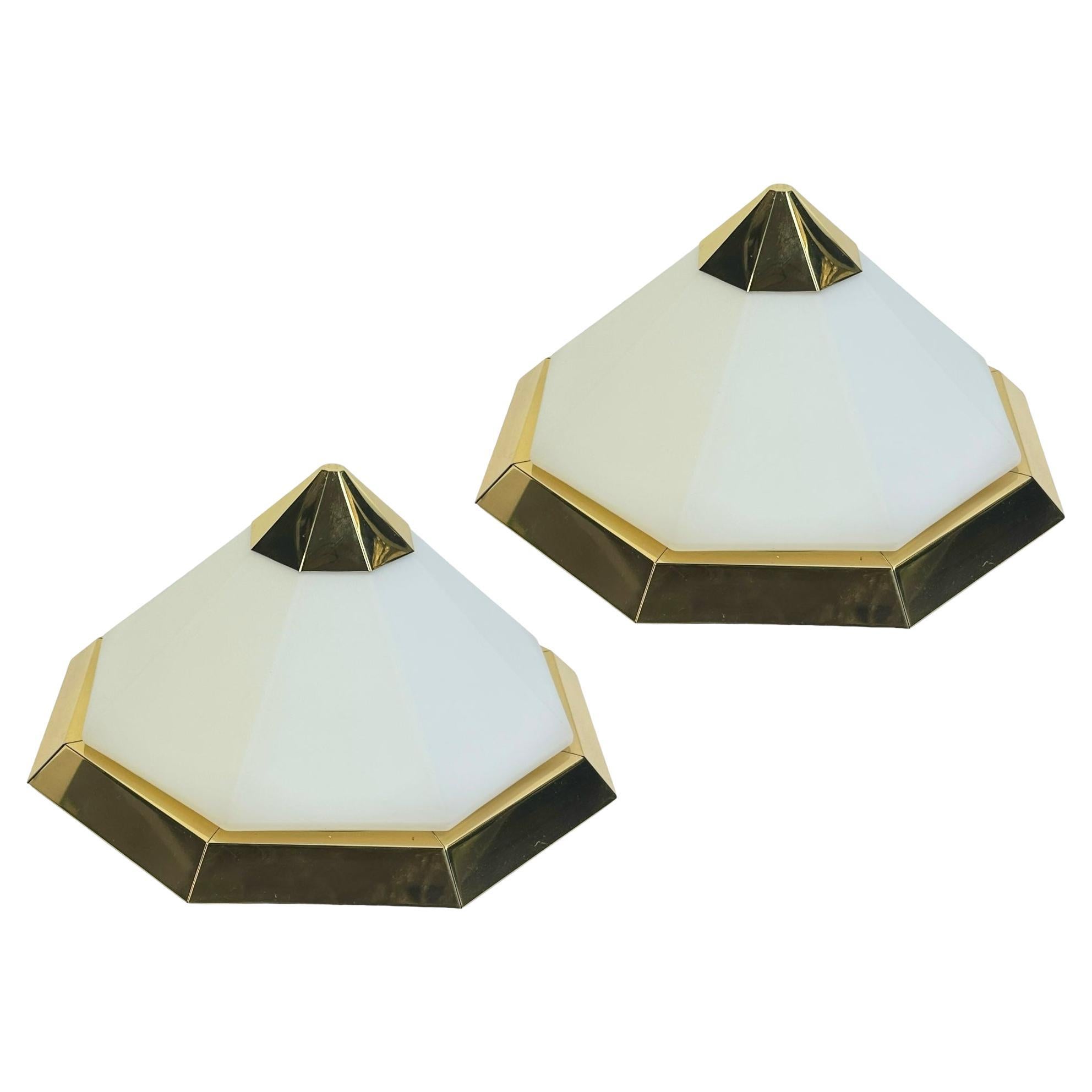 Pair of Pyramid & Opaline Glass and Gold Flush Mount German 1980s Limburg