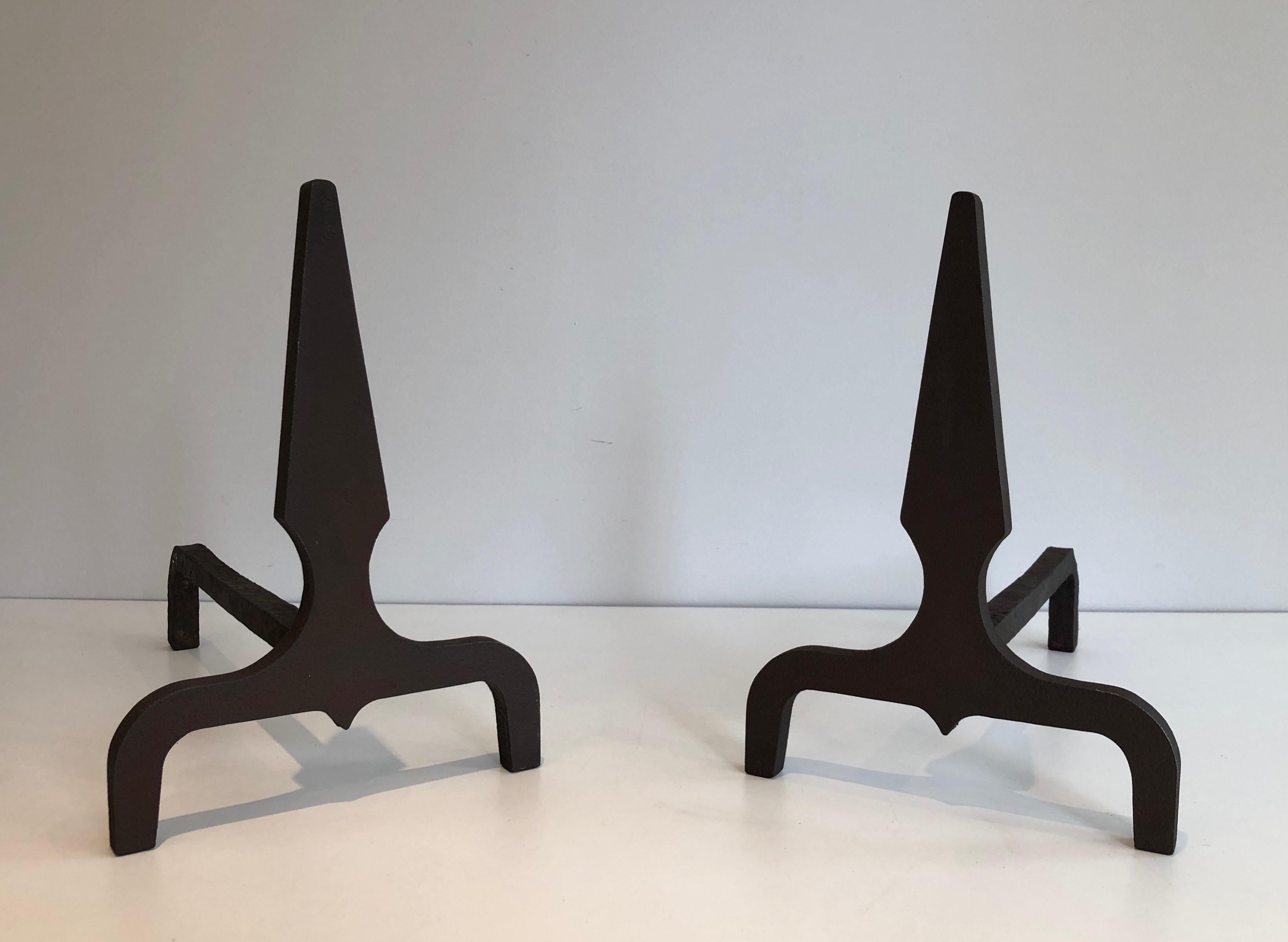 Pair of Pyramid Steel and Wrought Iron Andirons, French, Circa 1940 For Sale 7