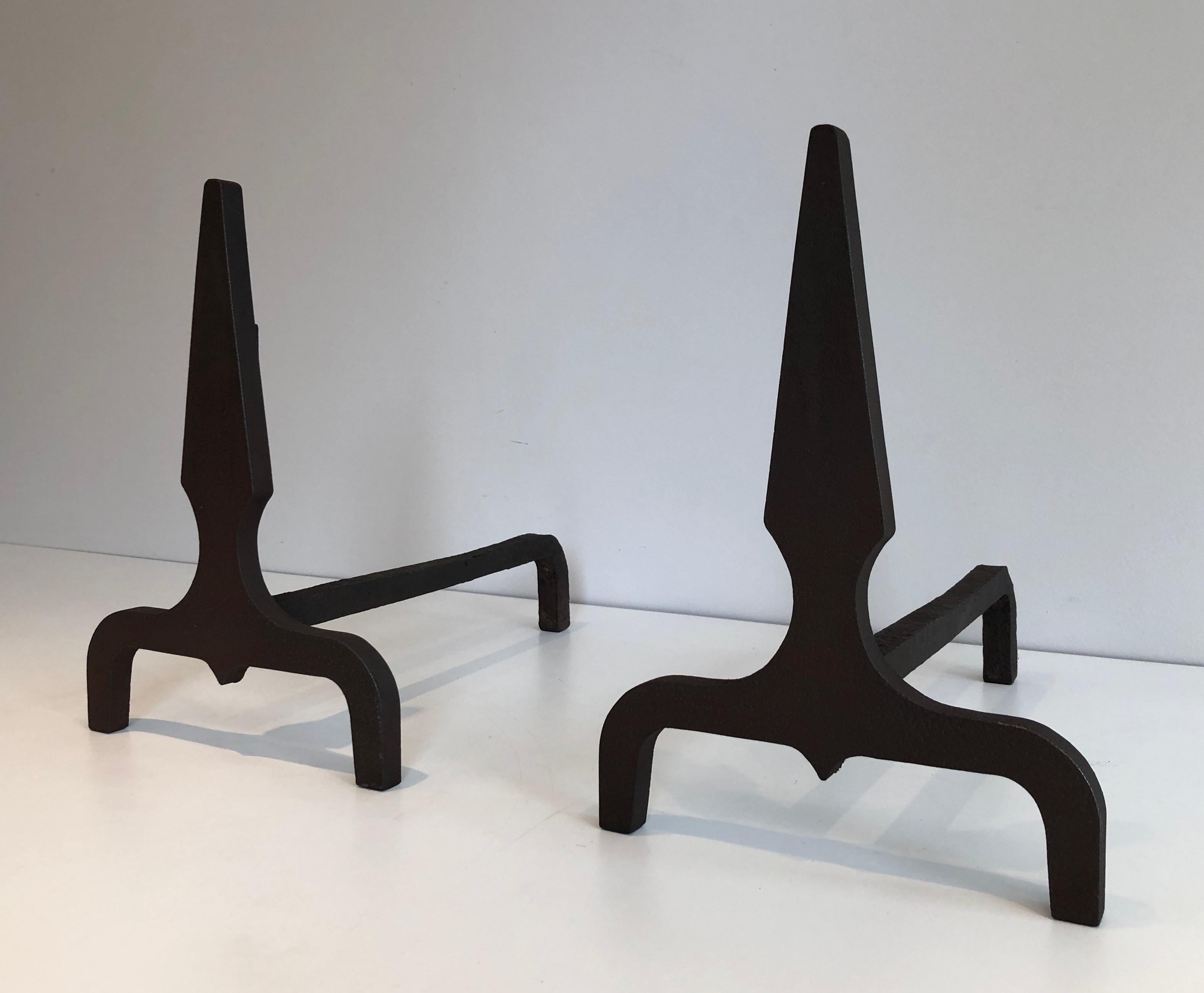 Pair of Pyramid Steel and Wrought Iron Andirons, French, Circa 1940 For Sale 13
