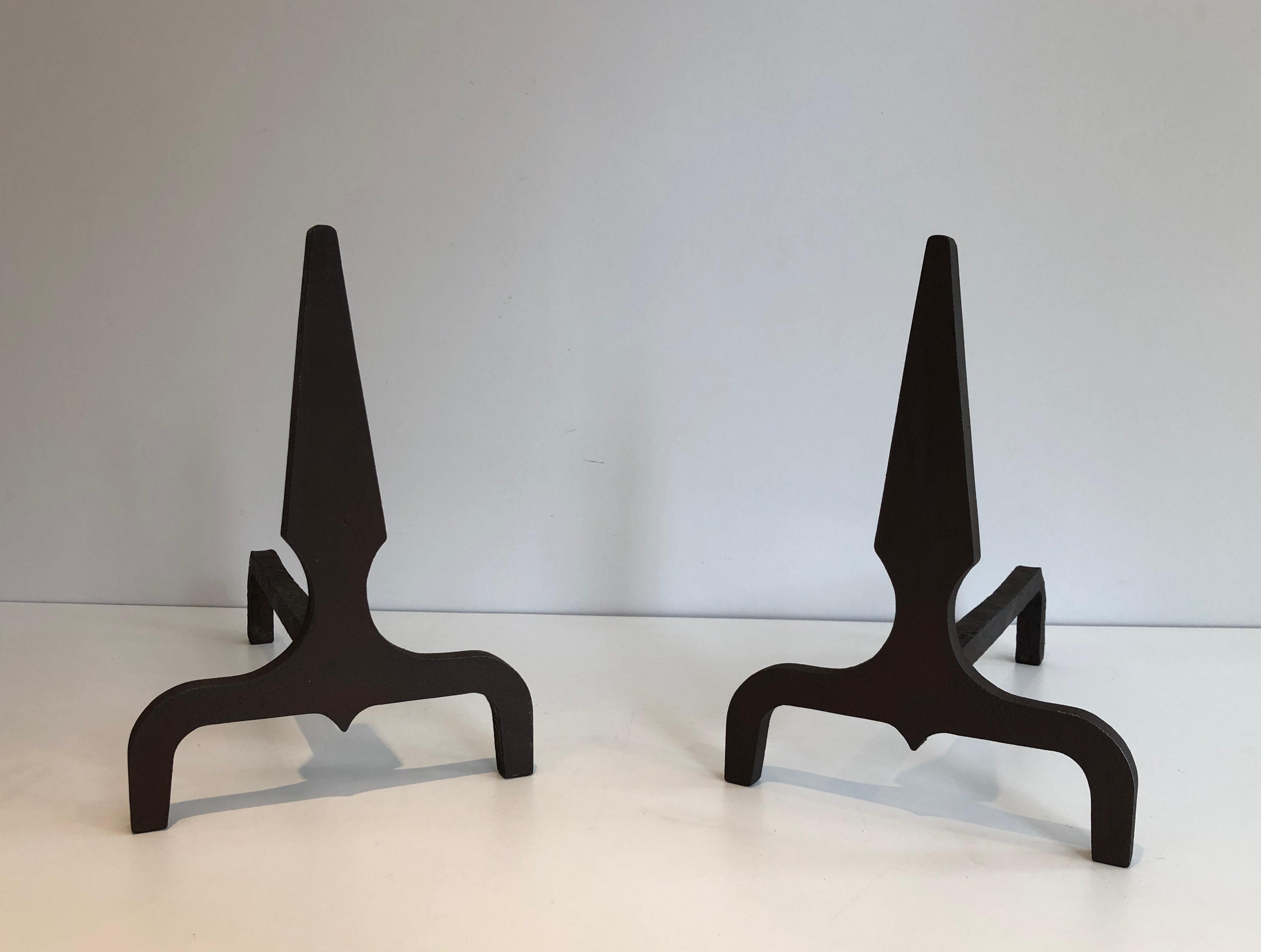 Pair of Pyramid Steel and Wrought Iron Andirons, French, Circa 1940 For Sale 14