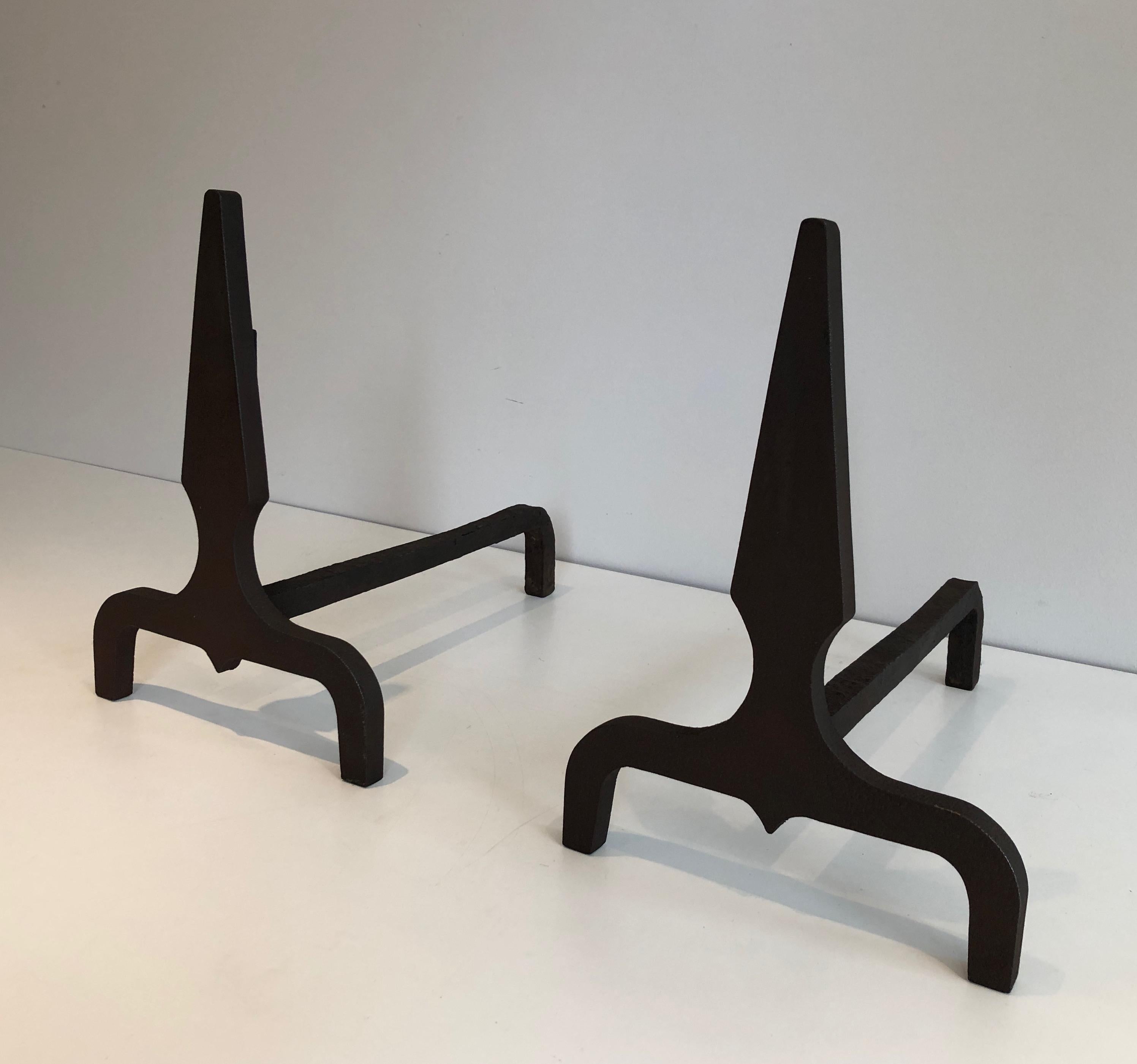 Pair of Pyramid Steel and Wrought Iron Andirons, French, Circa 1940 For Sale 15