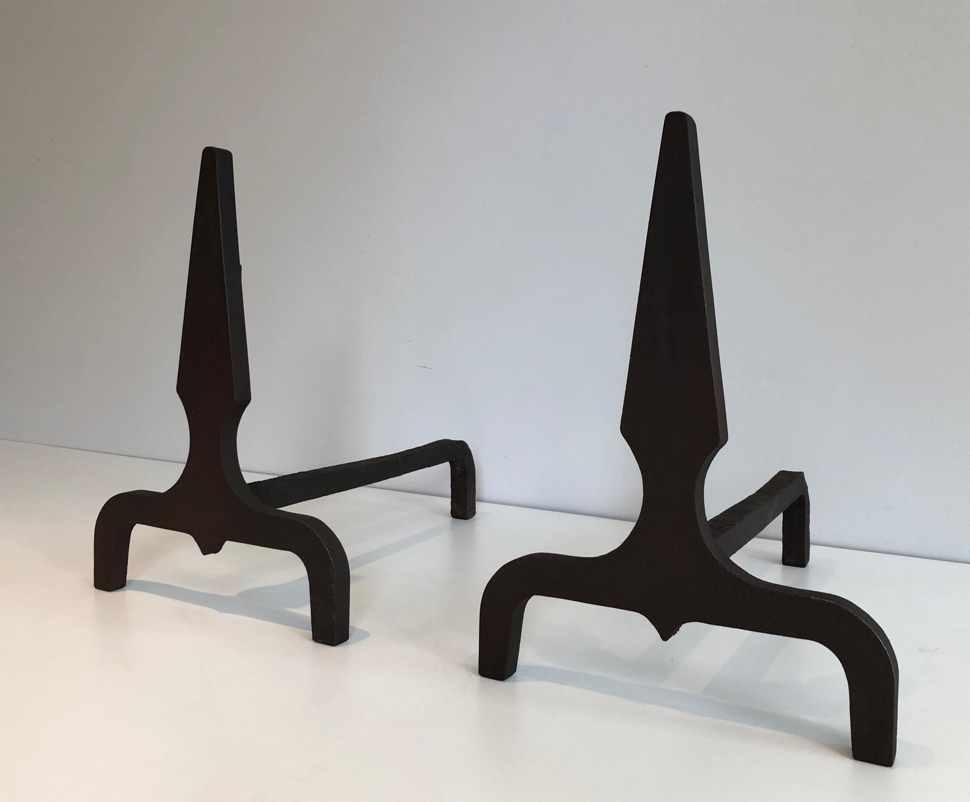 Mid-Century Modern Pair of Pyramid Steel and Wrought Iron Andirons, French, Circa 1940 For Sale
