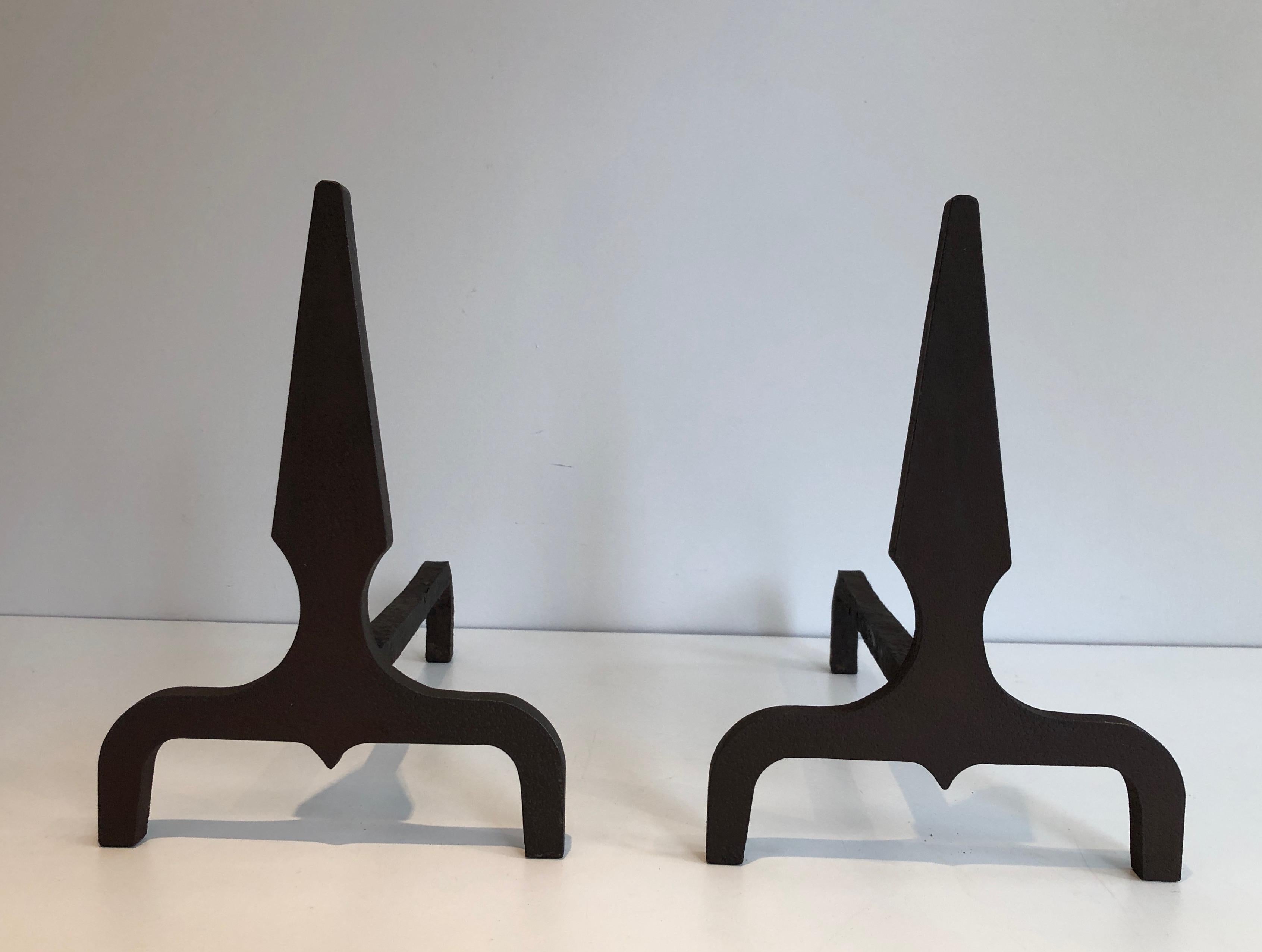 Pair of Pyramid Steel and Wrought Iron Andirons, French, Circa 1940 For Sale 4