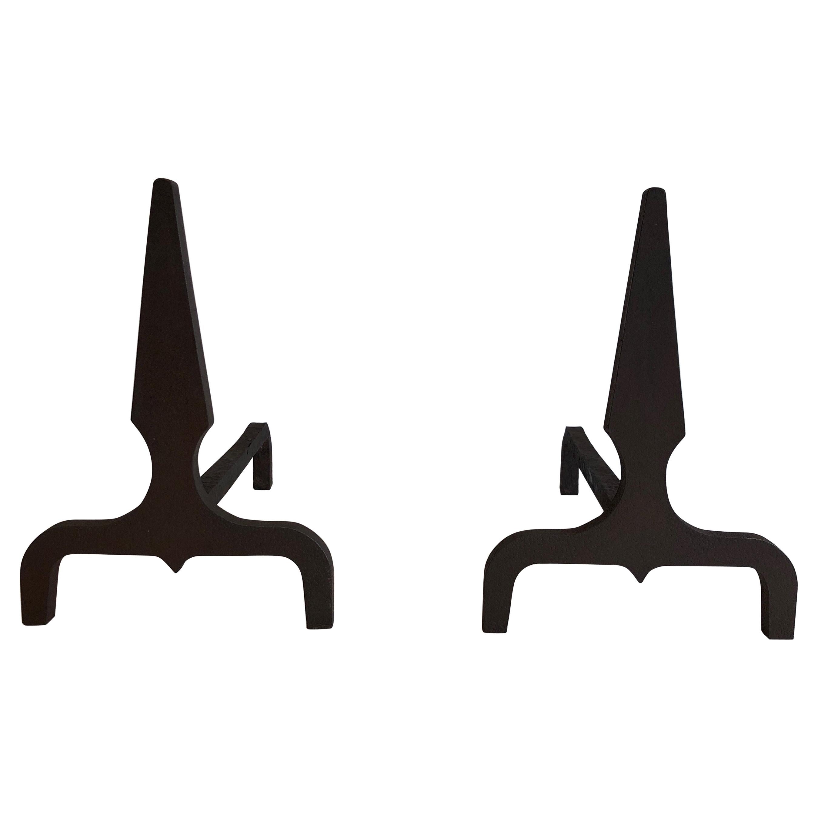Pair of Pyramid Steel and Wrought Iron Andirons, French, Circa 1940