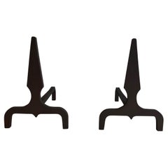 Pair of Pyramid Steel and Wrought Iron Andirons, French, Circa 1940