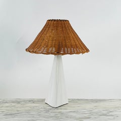 Pair of 'Pyramide' White Ceramic Table Lamps with Rattan Shades by Design Frères