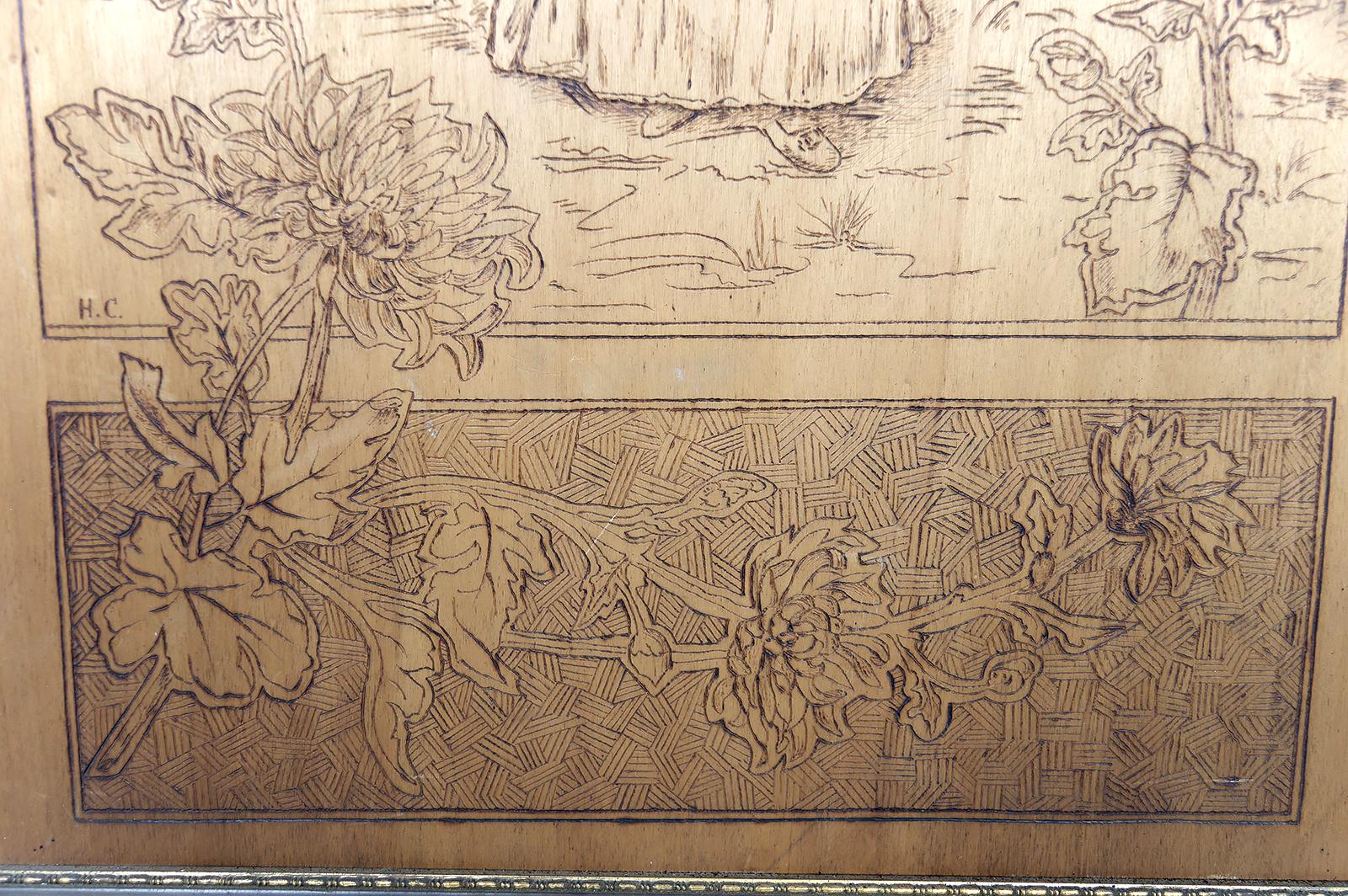 Paar pyrografierte Tafeln, Die Jahreszeiten: Herbst und Winter, Art Nouveau, Frankreich im Angebot 2