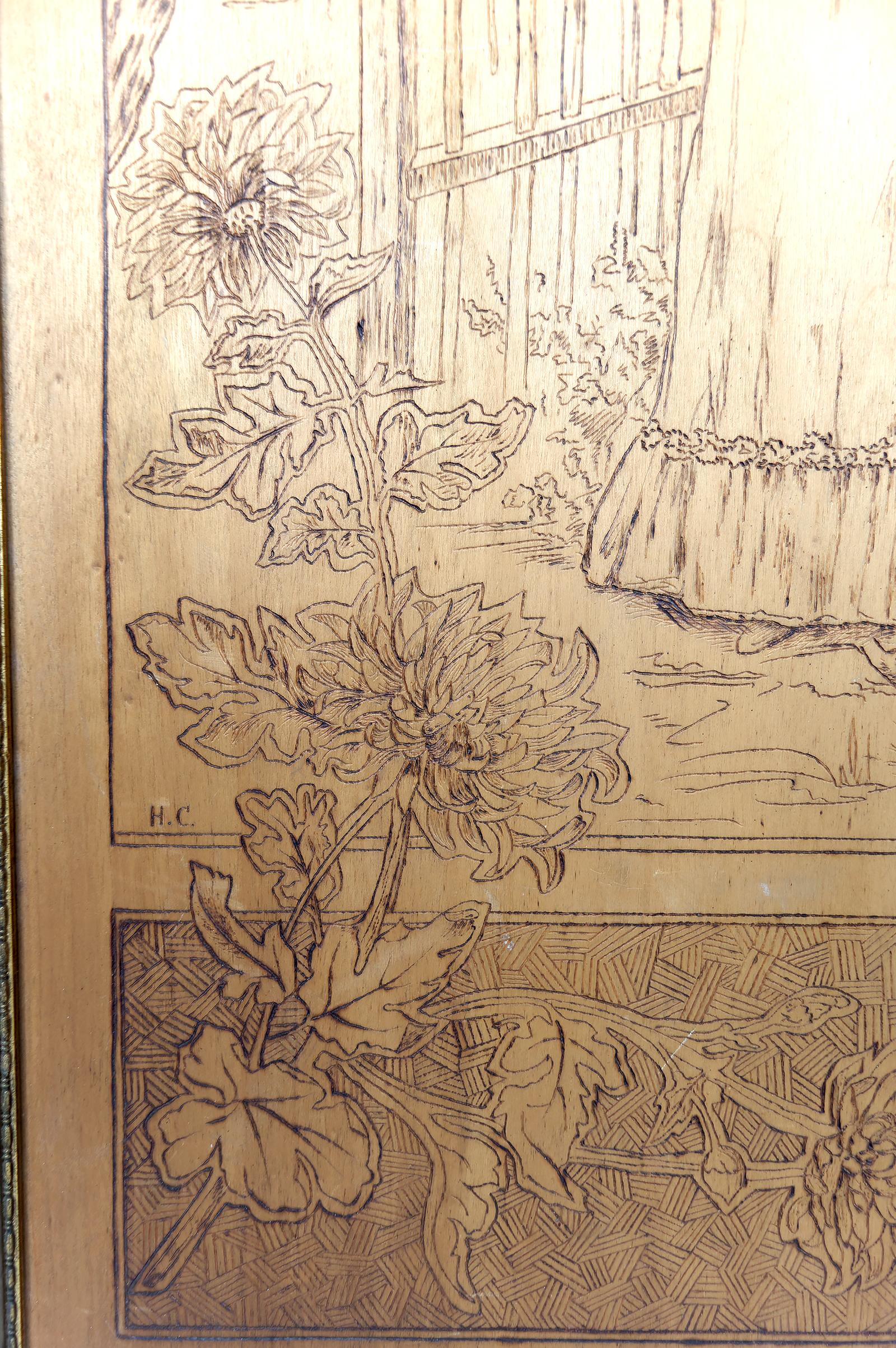 Paar pyrografierte Tafeln, Die Jahreszeiten: Herbst und Winter, Art Nouveau, Frankreich im Angebot 3