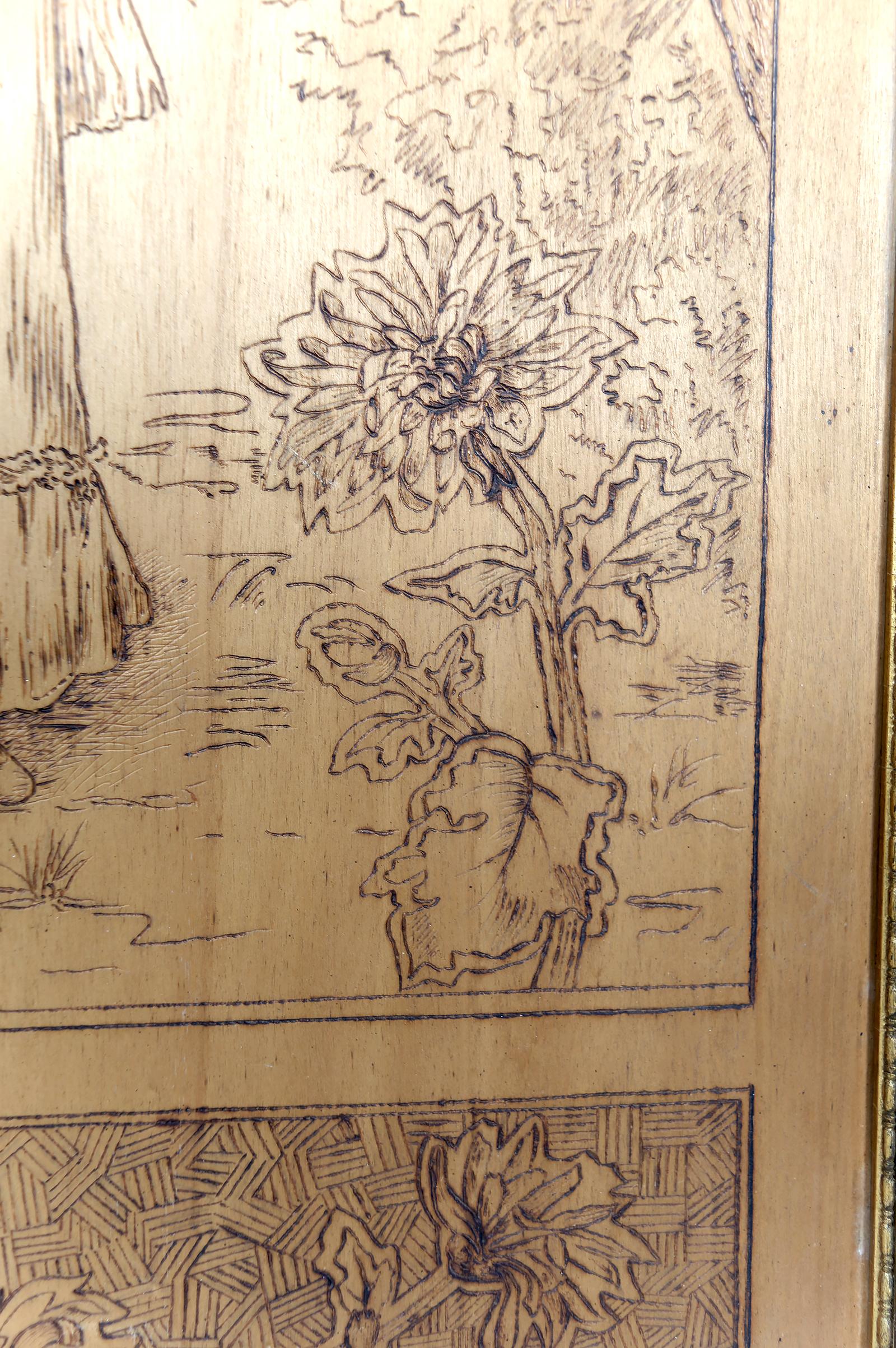 Paar pyrografierte Tafeln, Die Jahreszeiten: Herbst und Winter, Art Nouveau, Frankreich im Angebot 4