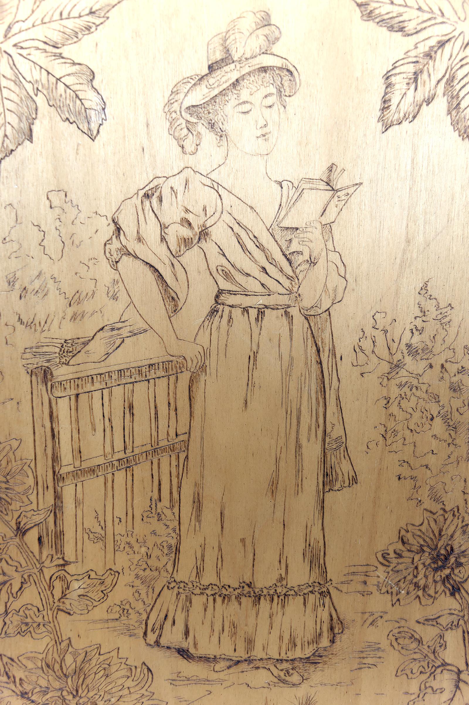 Paar pyrografierte Tafeln, Die Jahreszeiten: Herbst und Winter, Art Nouveau, Frankreich im Angebot 5