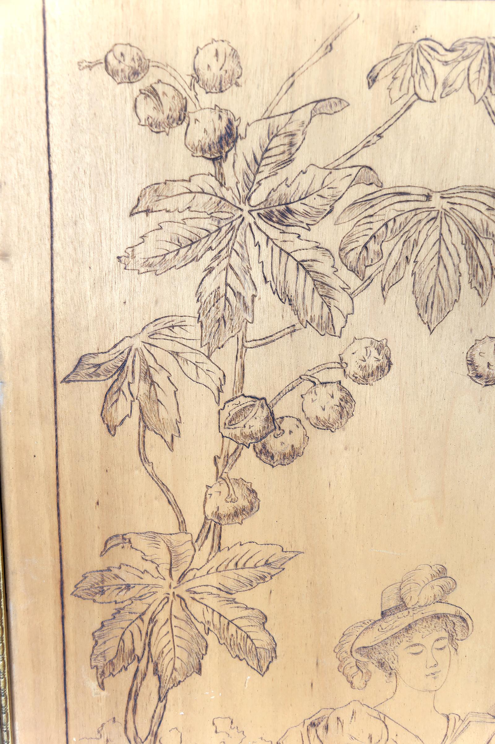 Paar pyrografierte Tafeln, Die Jahreszeiten: Herbst und Winter, Art Nouveau, Frankreich im Angebot 6