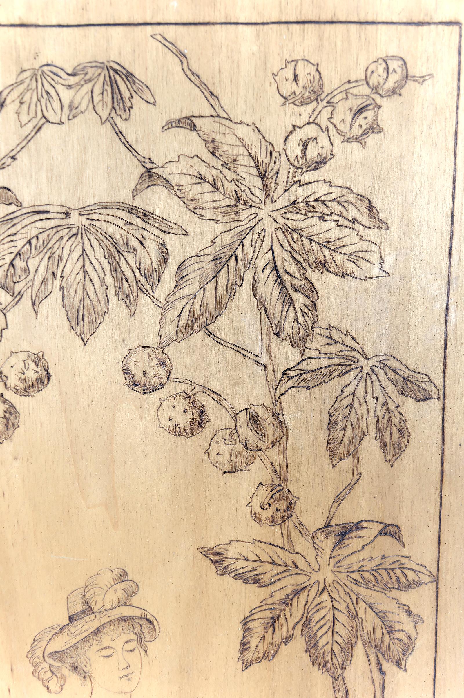 Paar pyrografierte Tafeln, Die Jahreszeiten: Herbst und Winter, Art Nouveau, Frankreich im Angebot 7