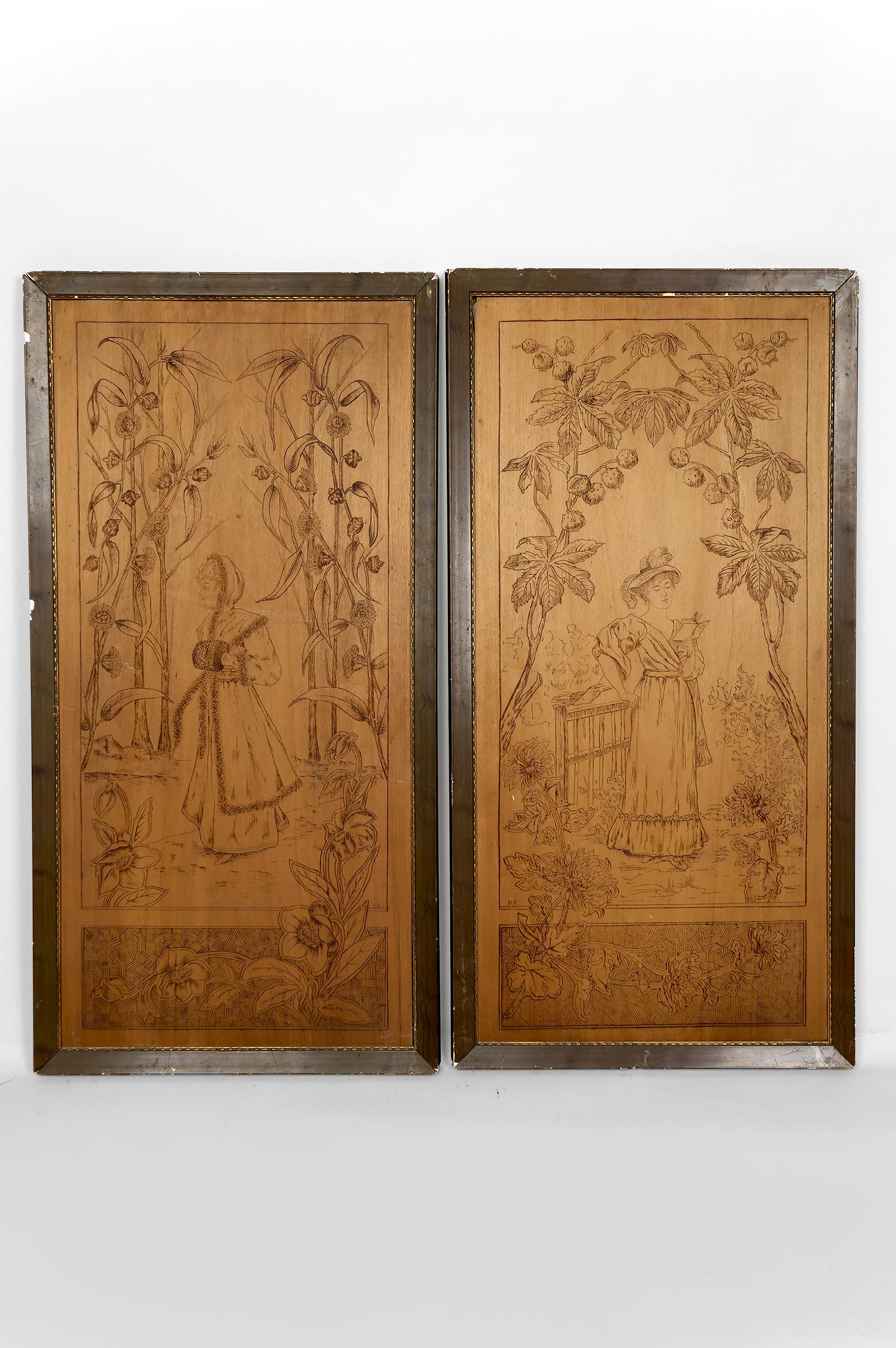 Paar pyrografierte Tafeln - Die Jahreszeiten: Herbst und Winter - Jugendstil, Frankreich, um 1900 

Dieses elegante Diptychon aus der Belle Époque verkörpert die bezaubernde Ästhetik des Jugendstils auf zarte Weise.

Diese beiden um 1900 in