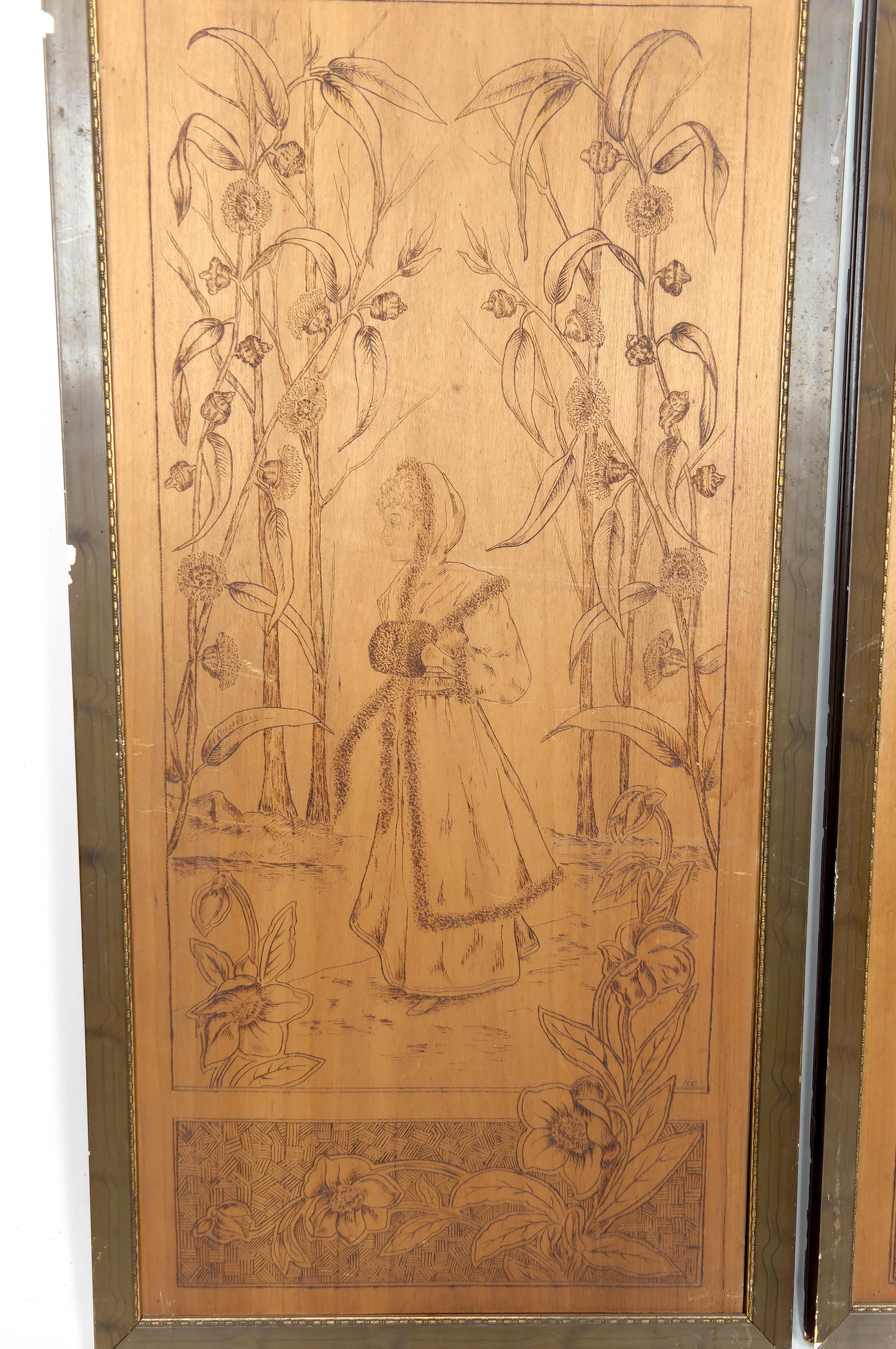 Paar pyrografierte Tafeln, Die Jahreszeiten: Herbst und Winter, Art Nouveau, Frankreich (Art nouveau) im Angebot