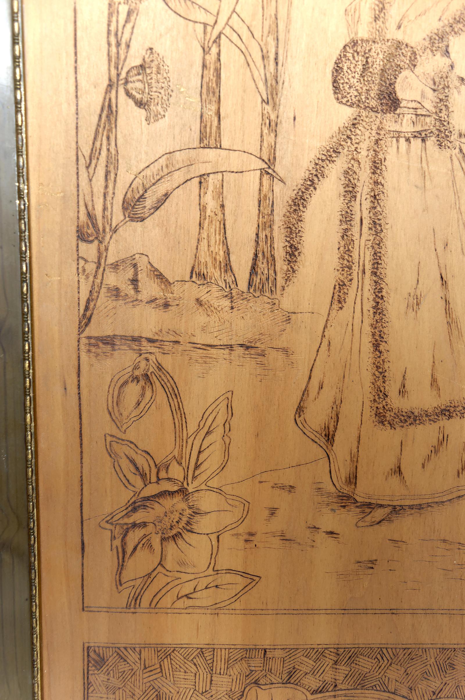 Paar pyrografierte Tafeln, Die Jahreszeiten: Herbst und Winter, Art Nouveau, Frankreich im Zustand „Relativ gut“ im Angebot in VÉZELAY, FR