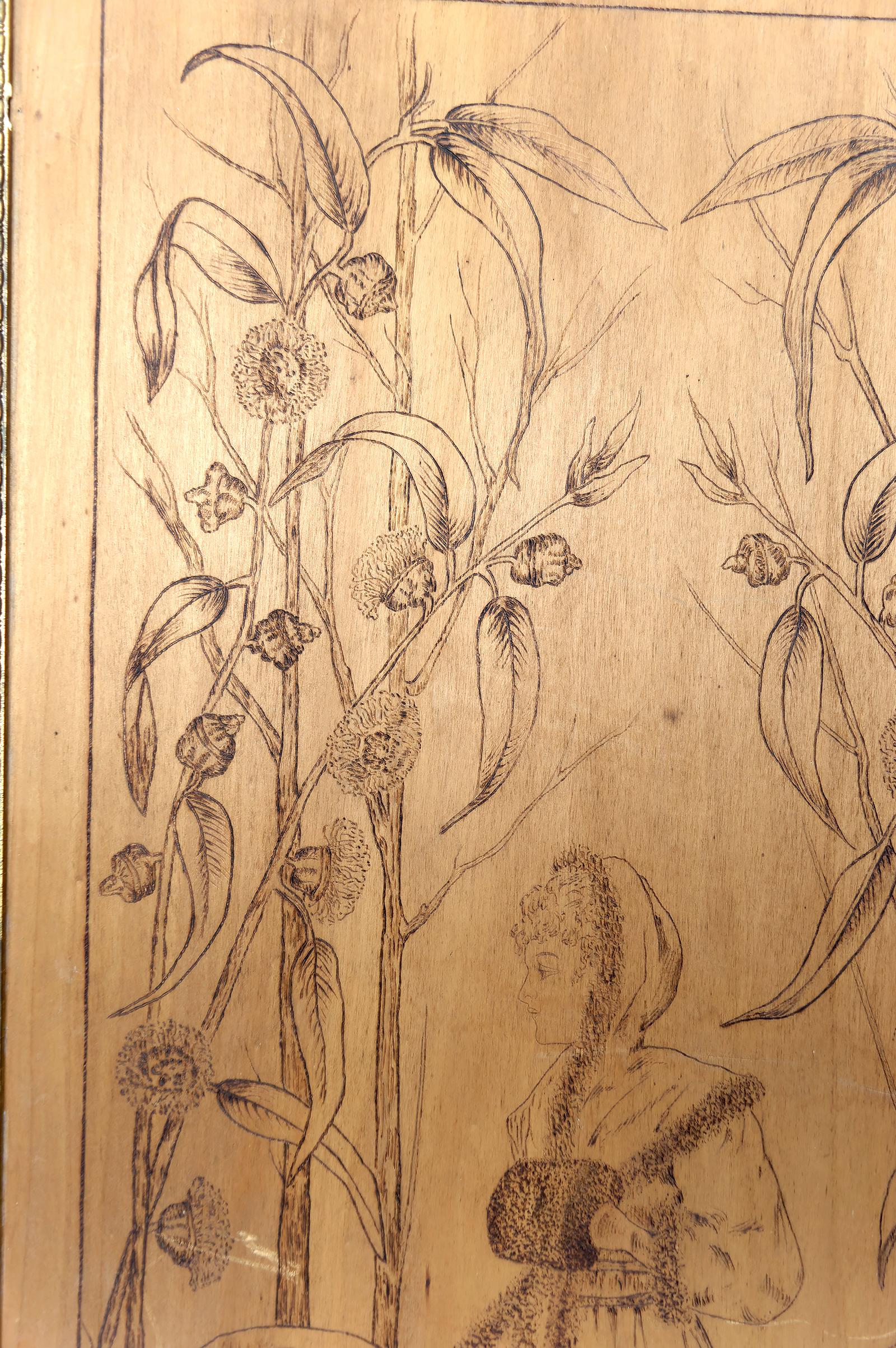 Paar pyrografierte Tafeln, Die Jahreszeiten: Herbst und Winter, Art Nouveau, Frankreich (Frühes 20. Jahrhundert) im Angebot