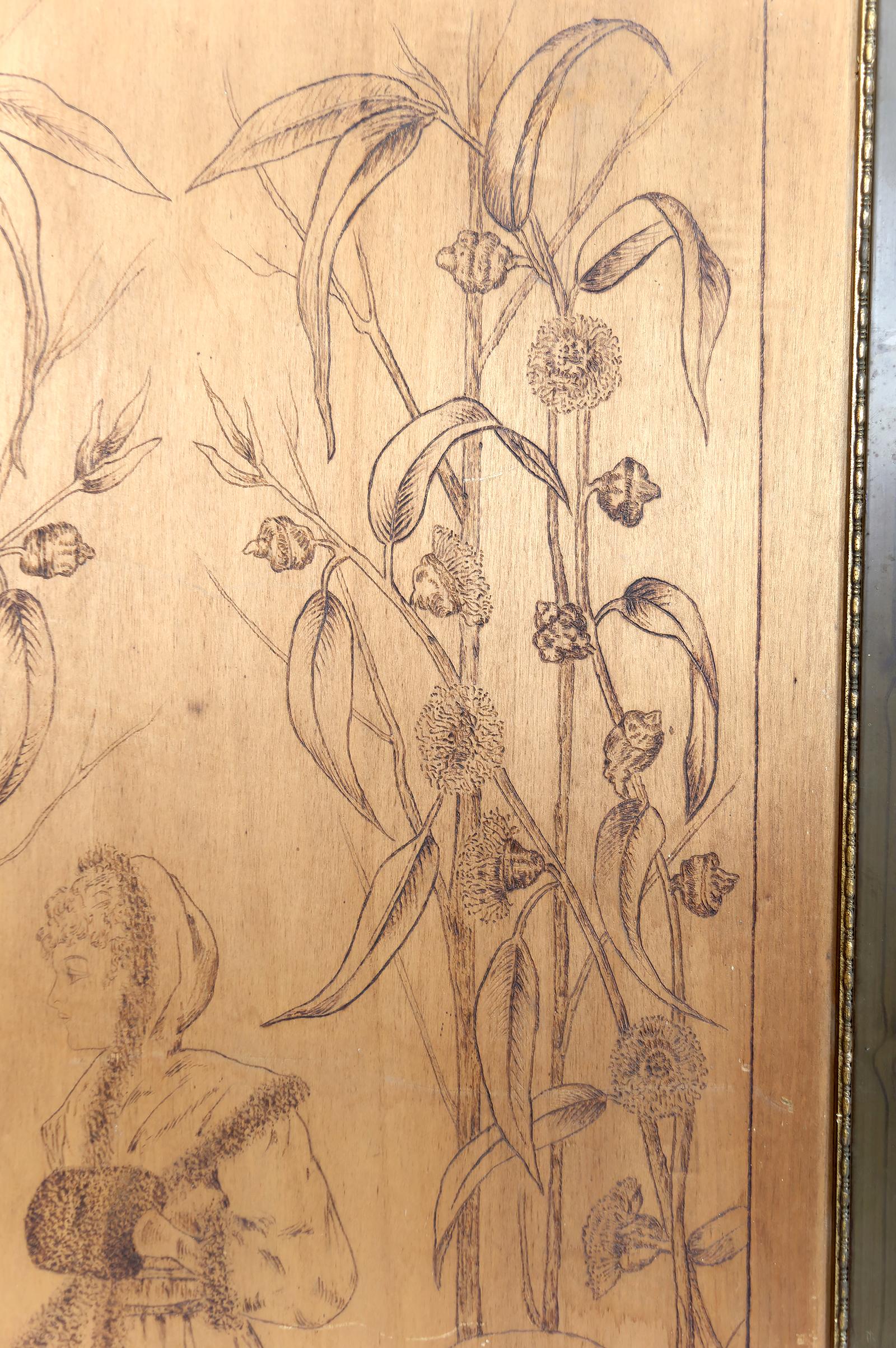 Paar pyrografierte Tafeln, Die Jahreszeiten: Herbst und Winter, Art Nouveau, Frankreich (Holz) im Angebot