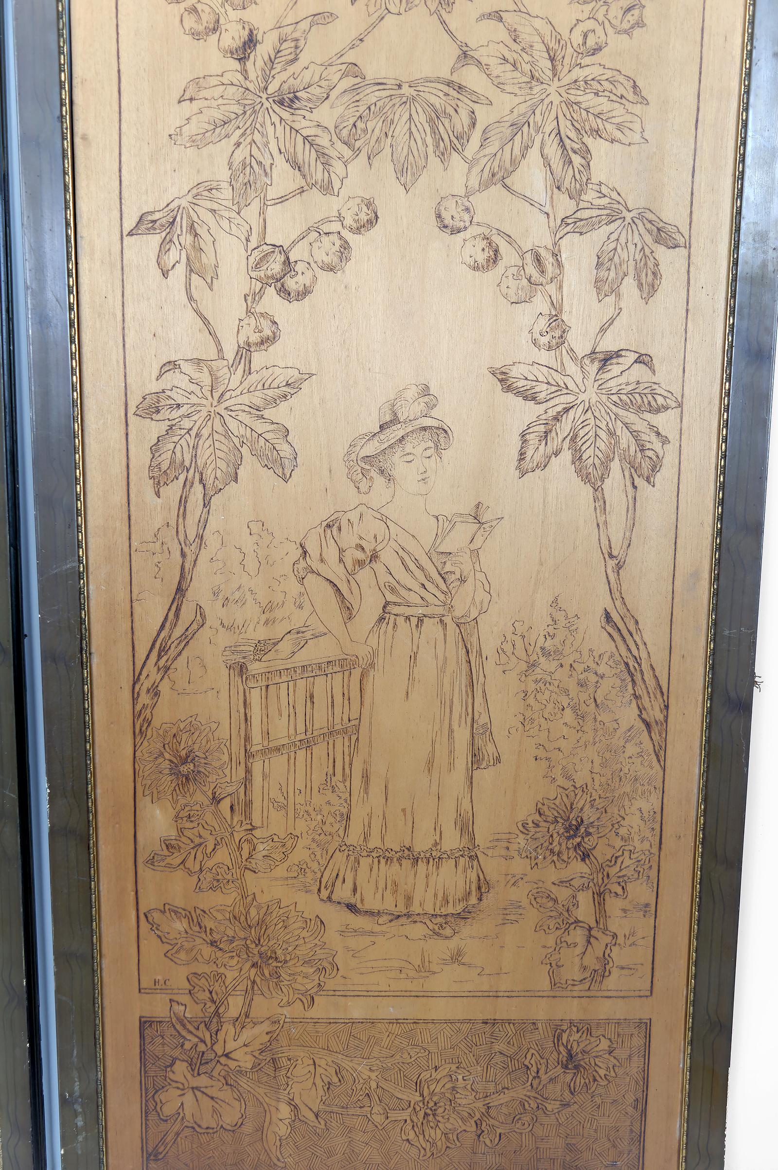 Paar pyrografierte Tafeln, Die Jahreszeiten: Herbst und Winter, Art Nouveau, Frankreich im Angebot 1