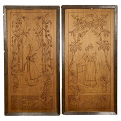 Paire de panneaux pyrogravés, Les Saisons : Automne et Winter, Art Nouveau, France