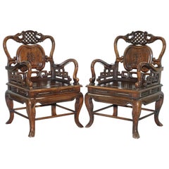 Pair of Qing Dynasty Antique Chinese Heavy Hardwood Emperor Throne Armchairs