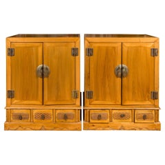 Pair of Qing Dynasty Carved Yumu Wood Cabinets with Doors and Drawers
