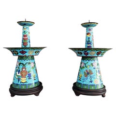 Pair of Qing Dynasty Chinese Cloisonné Enamel Candle Holder Prickets