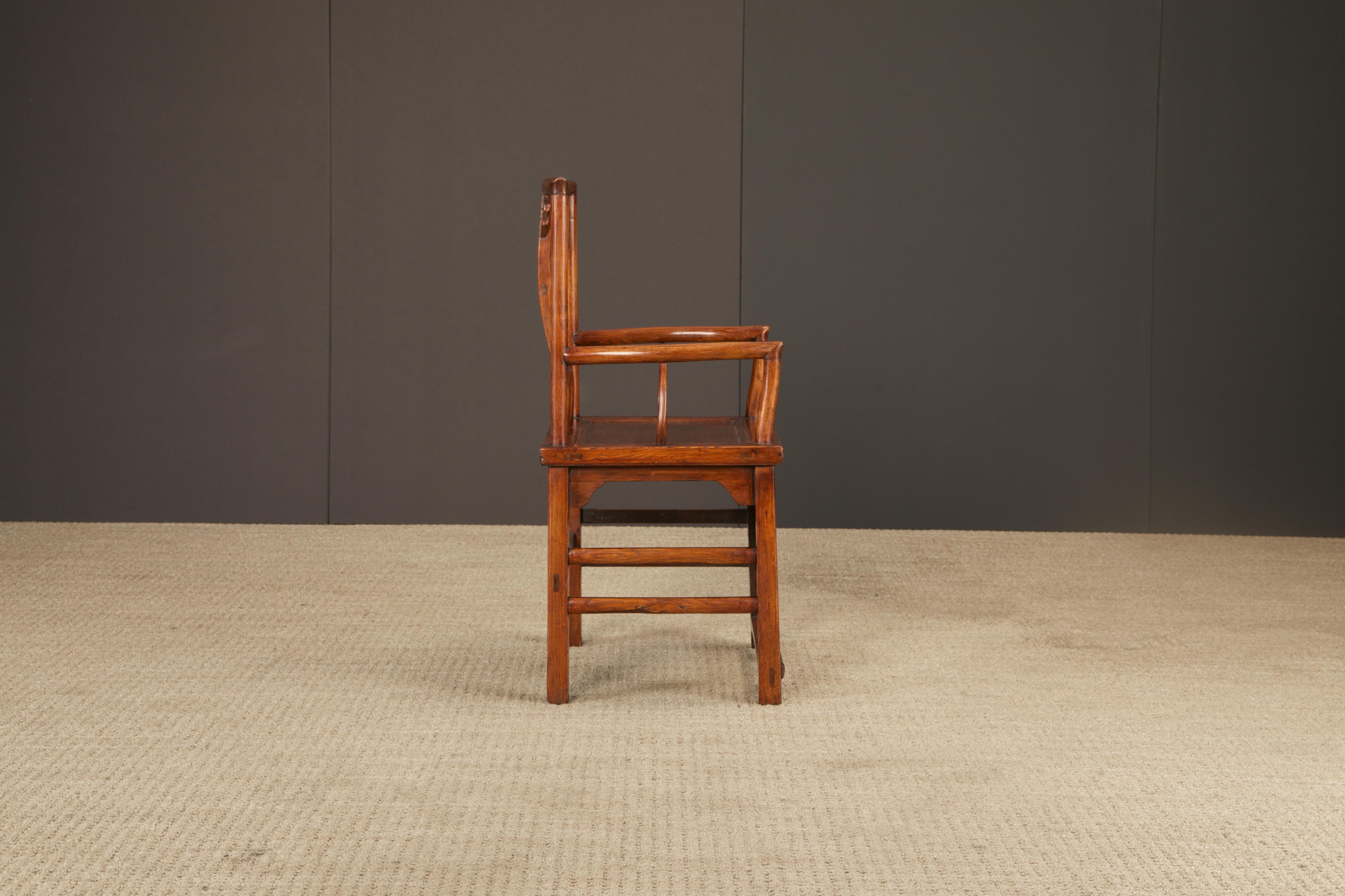 Pair of Qing Dynasty Chinese Horseshoe-Back Armchairs in Carved Elmwood For Sale 11